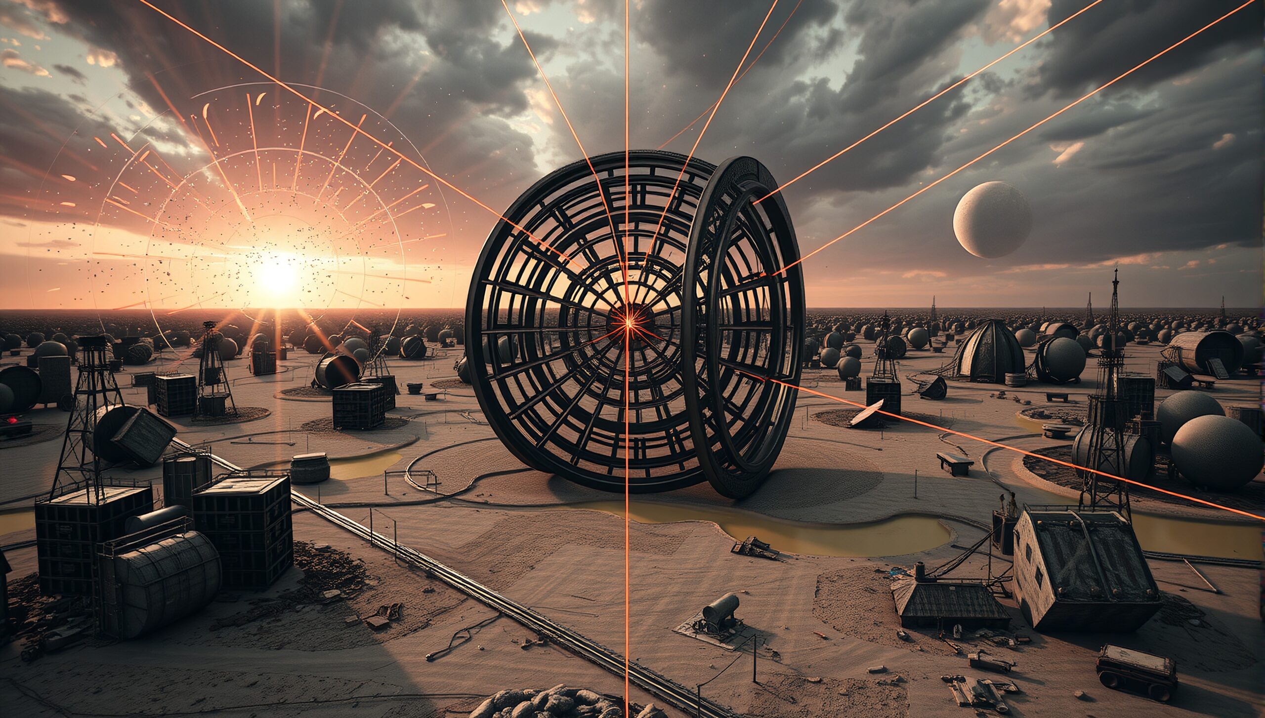 Surreal desert landscape with futuristic spherical structure and industrial elements at sunset.