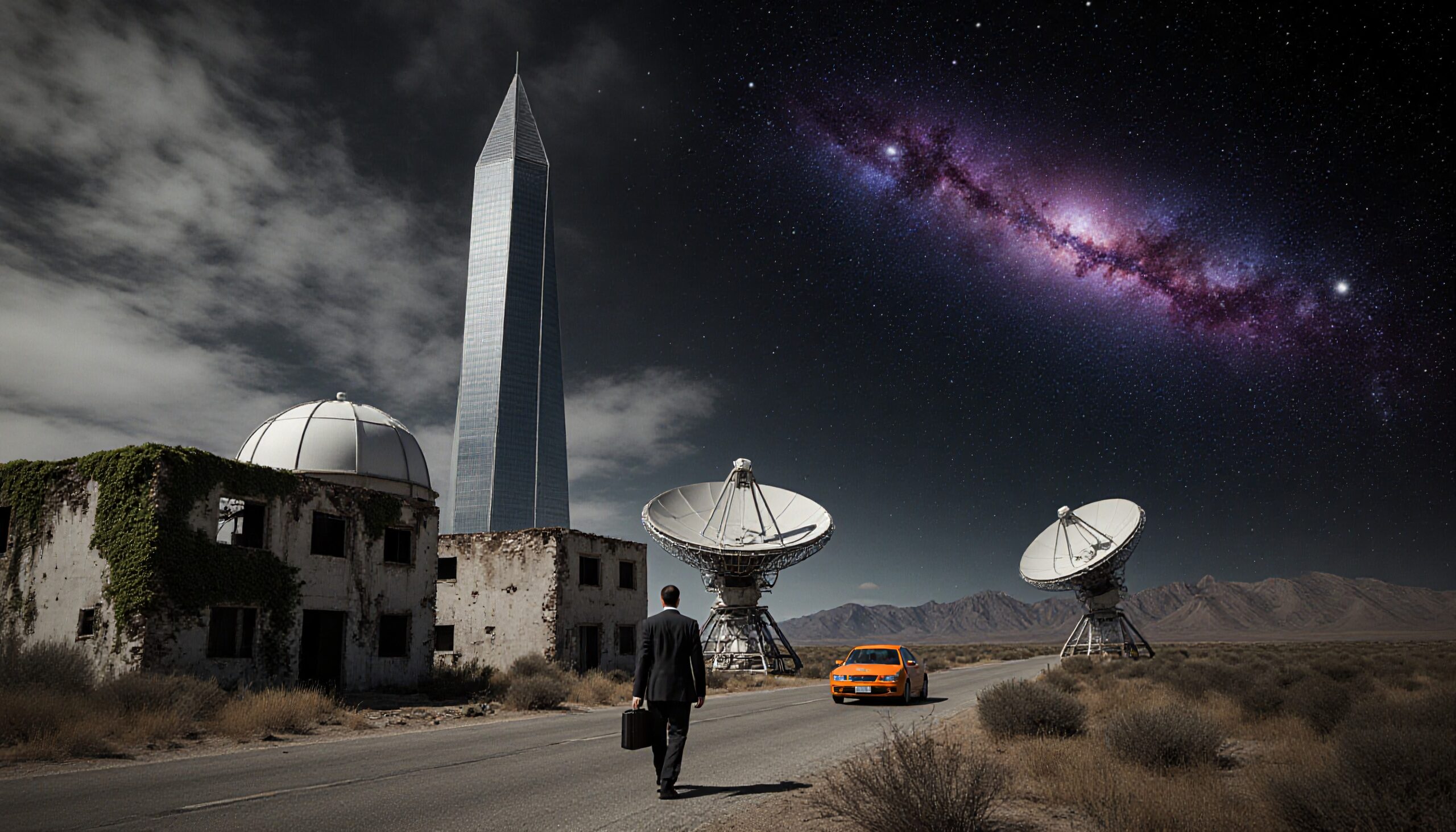 A man in a suit stands beside an orange car on a remote road with satellite dishes and a galaxy-filled sky.