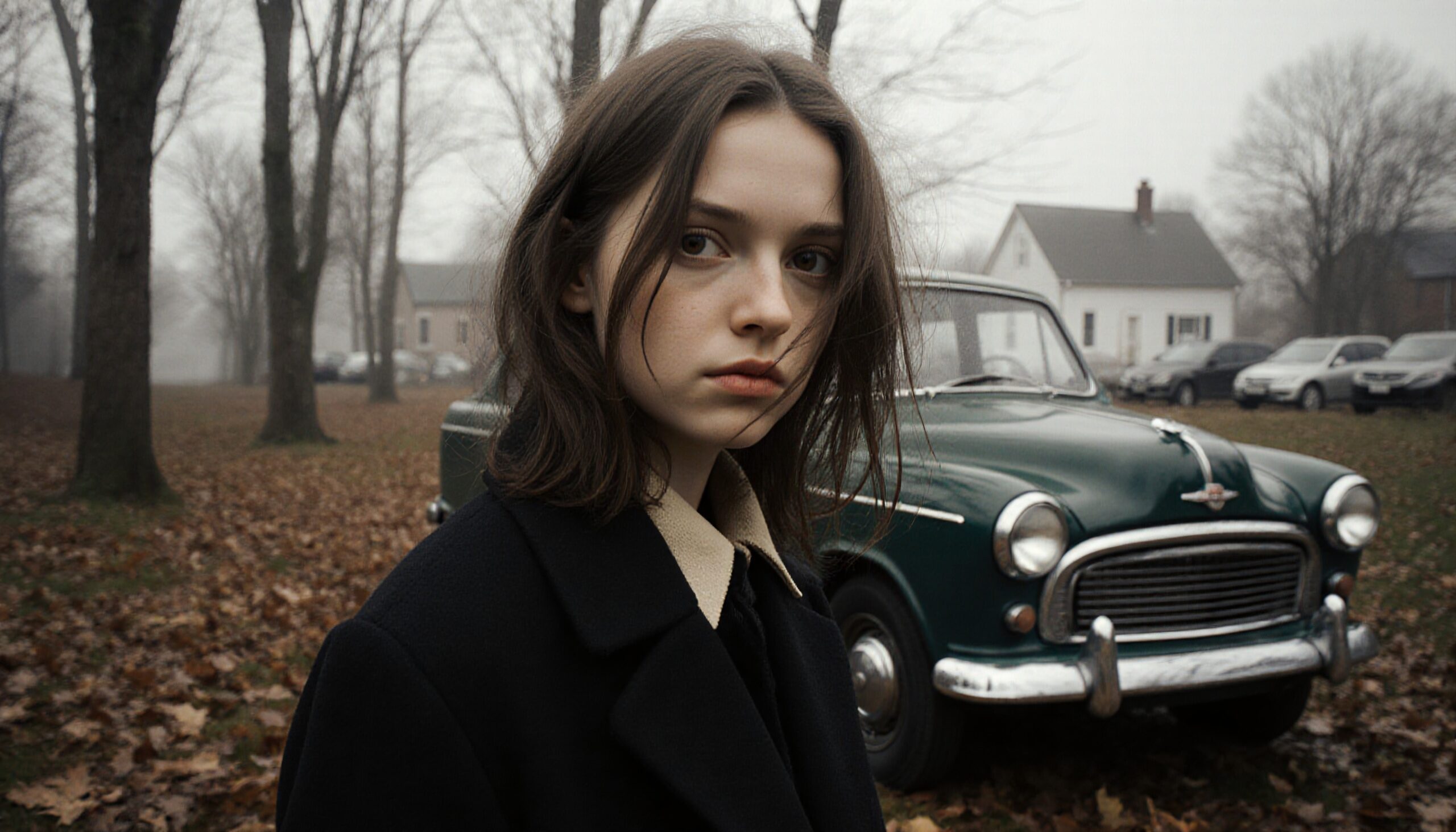 A young woman stands pensively in front of a classic green car amidst a misty autumn setting.
