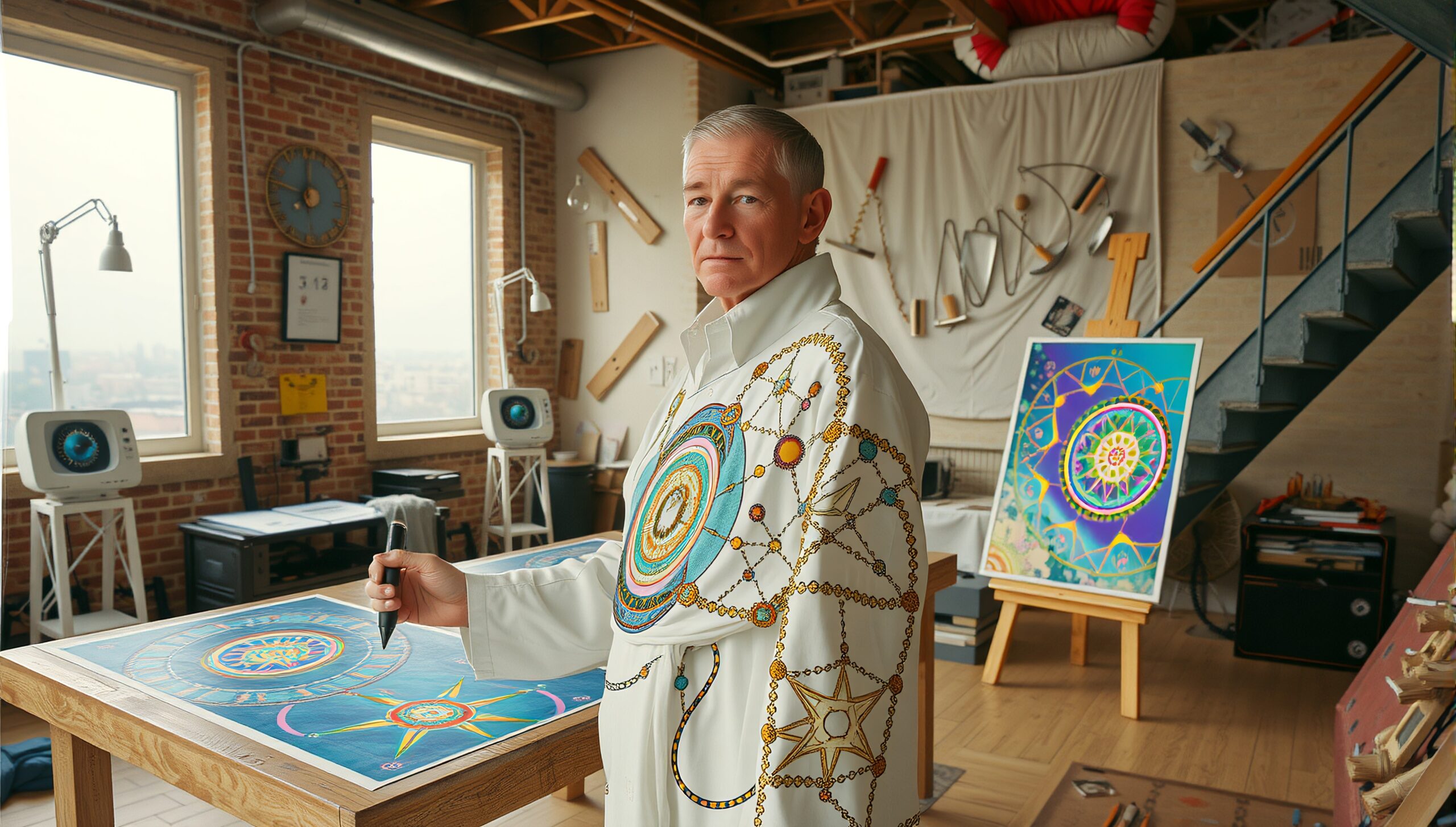 A person in artistic attire works on a colorful geometric design in a bright, modern studio with brick walls and unique decor.