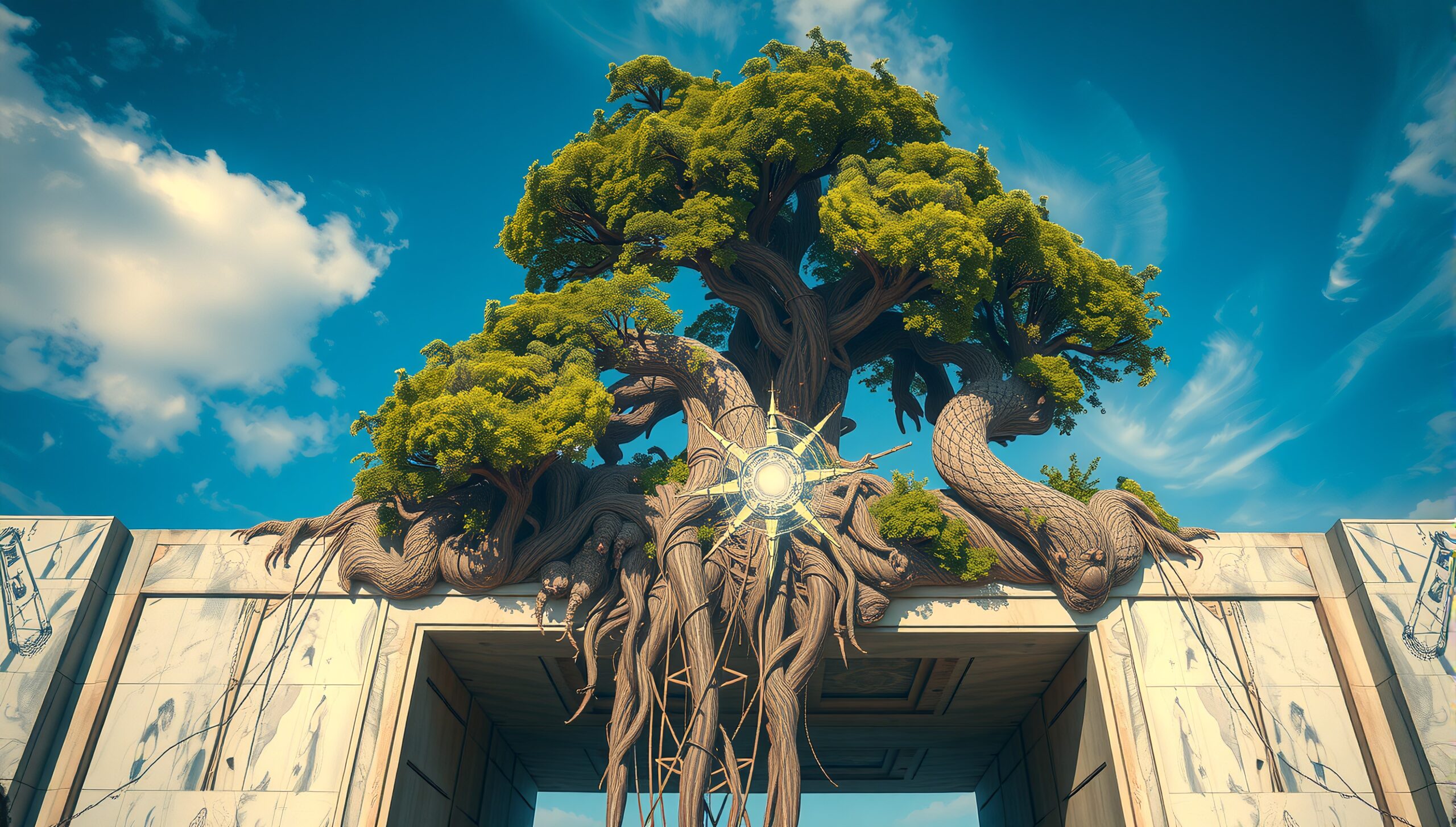 A giant tree entwines with a marble structure under a clear sky, featuring an ornate central decoration.