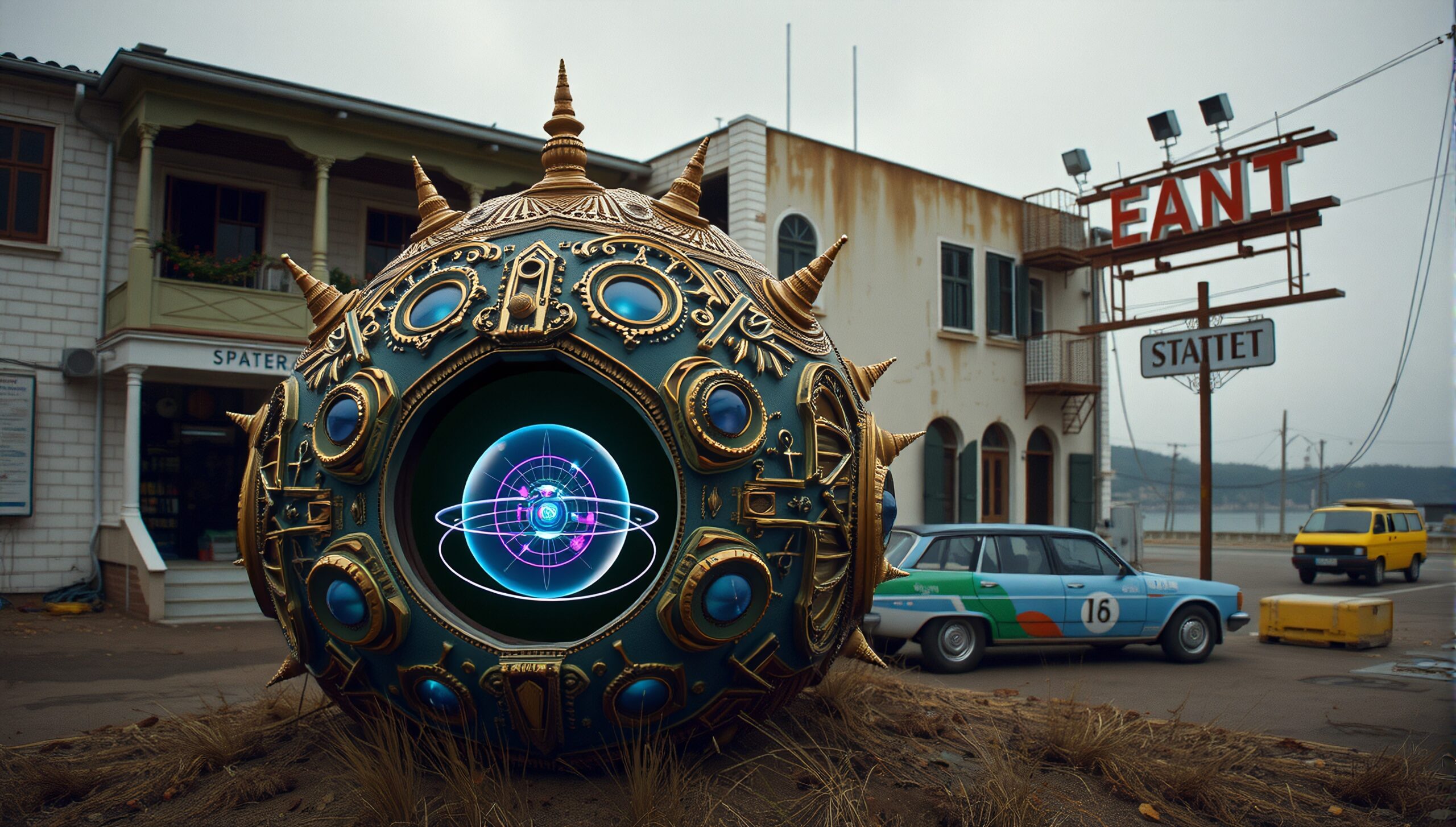 Orb with holographic core in vintage town setting.