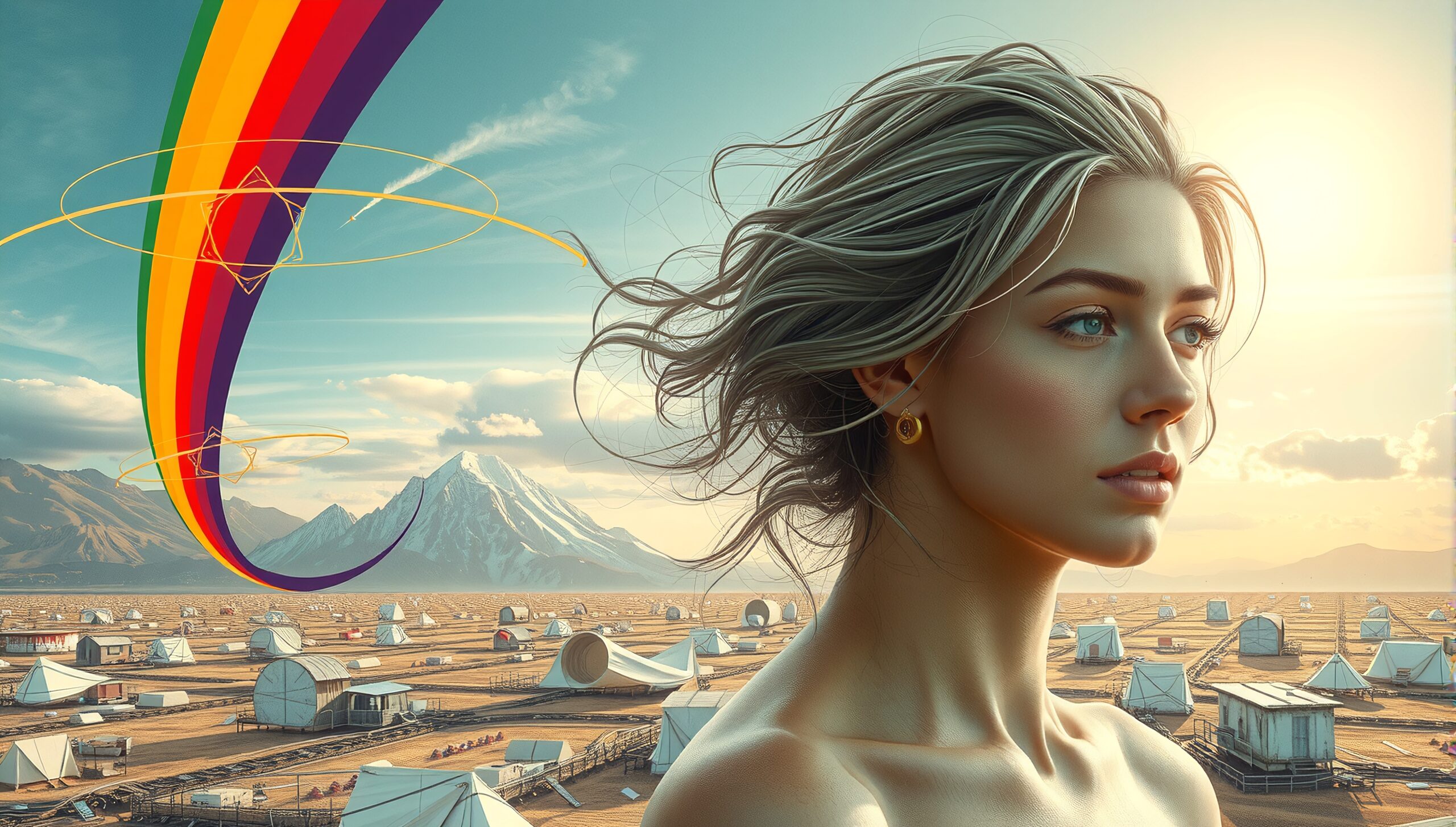 Portrait of a serene woman against a surreal landscape with a rainbow and mountains.