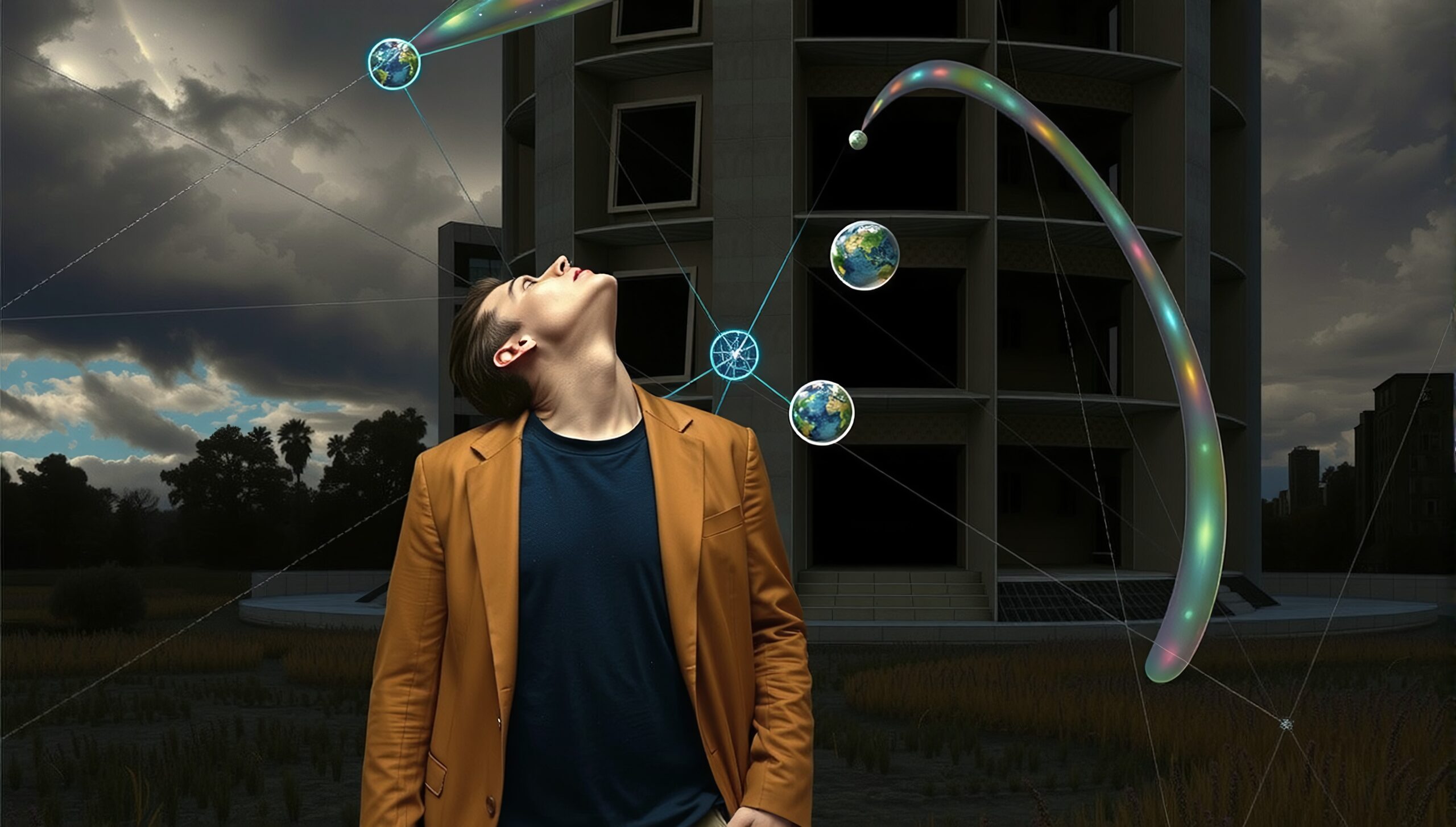 A man gazes upwards at interconnected planets.