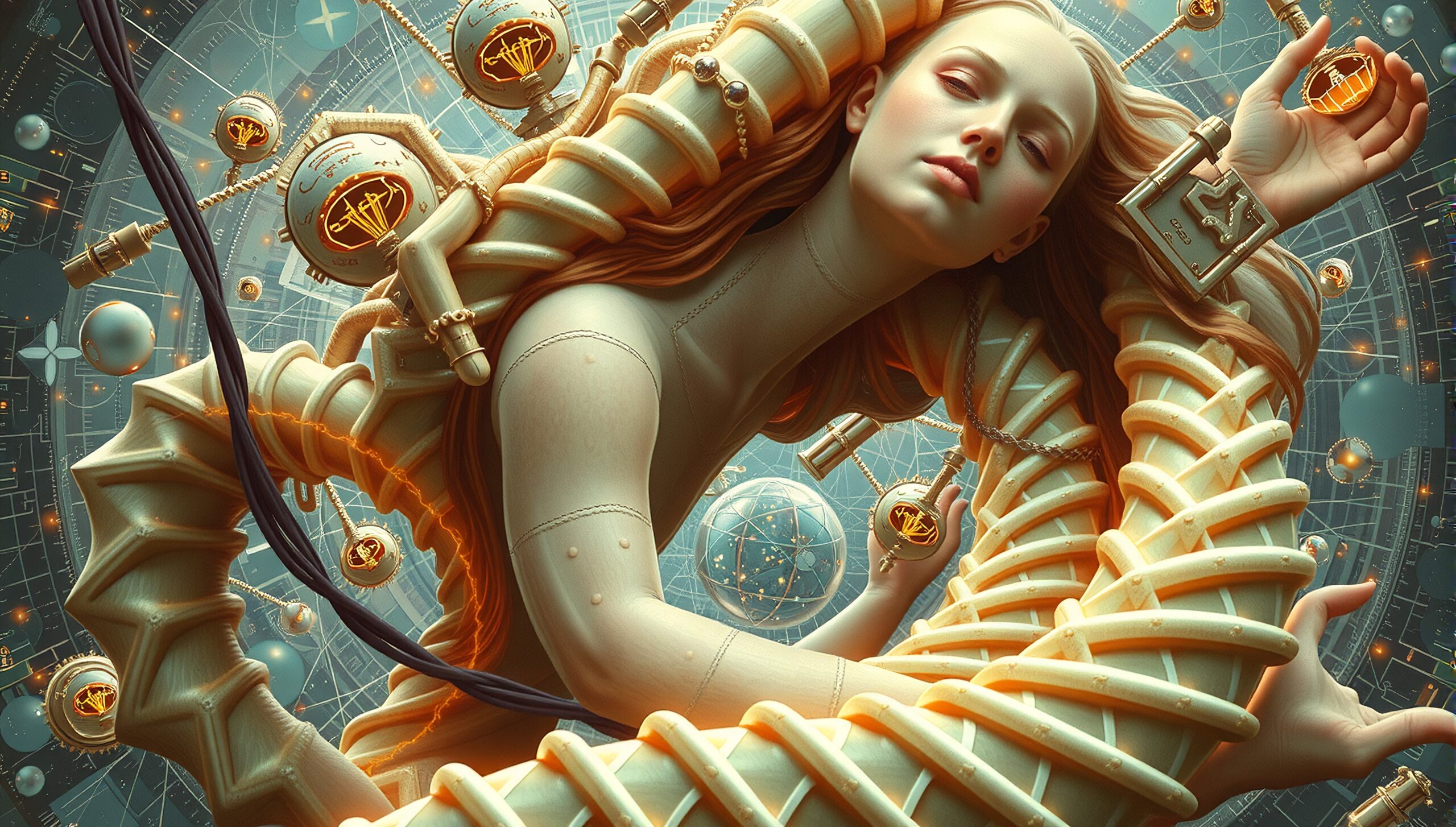 Surreal futuristic humanoid in mechanical elegance.