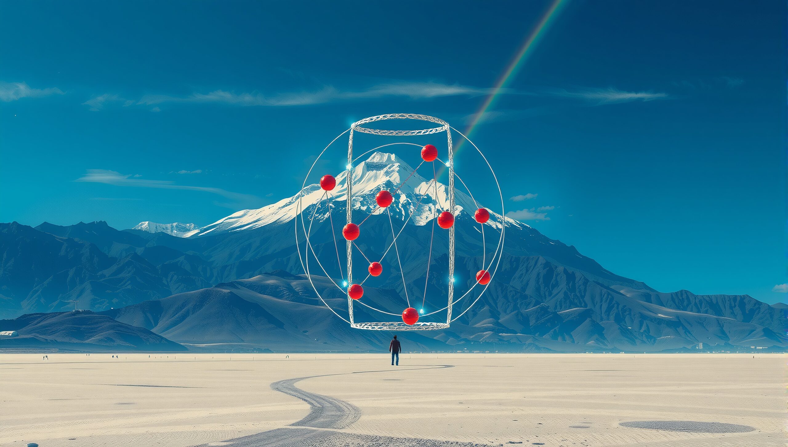 A surreal landscape with mountains and geometric design.