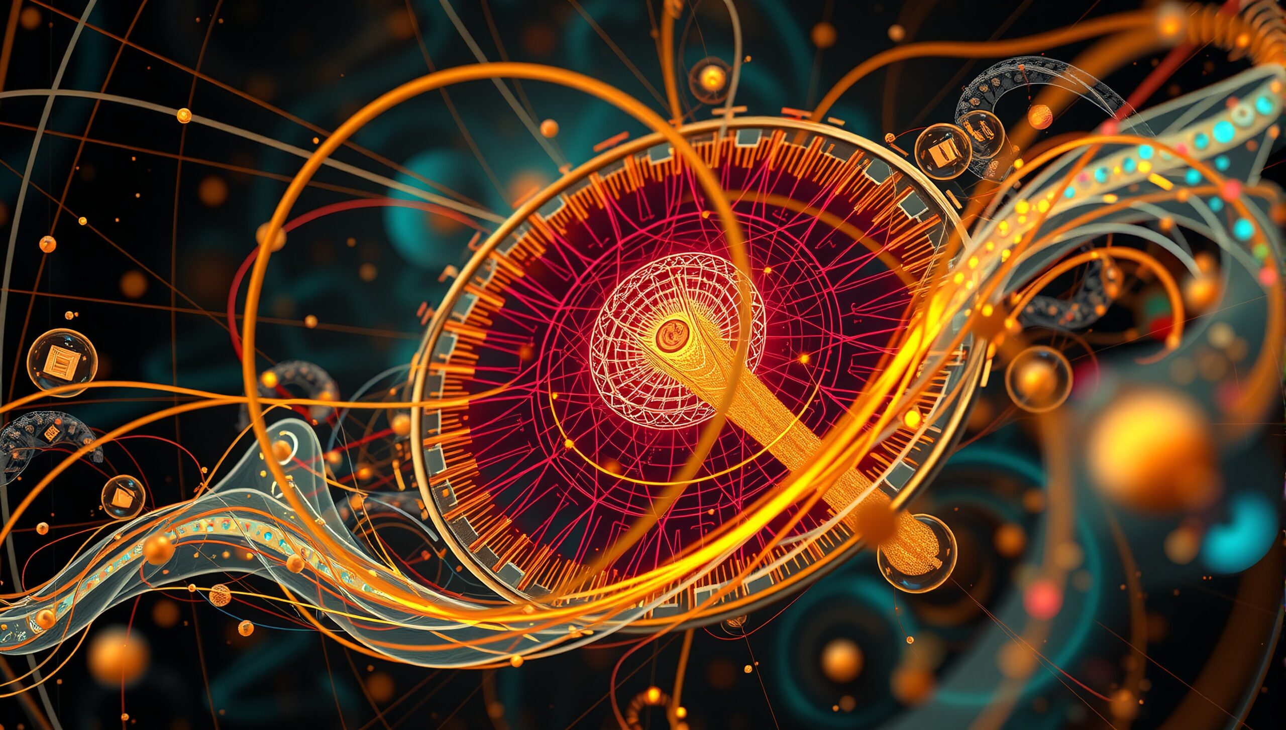 Futuristic geometric artwork with vibrant colors and intricate patterns.