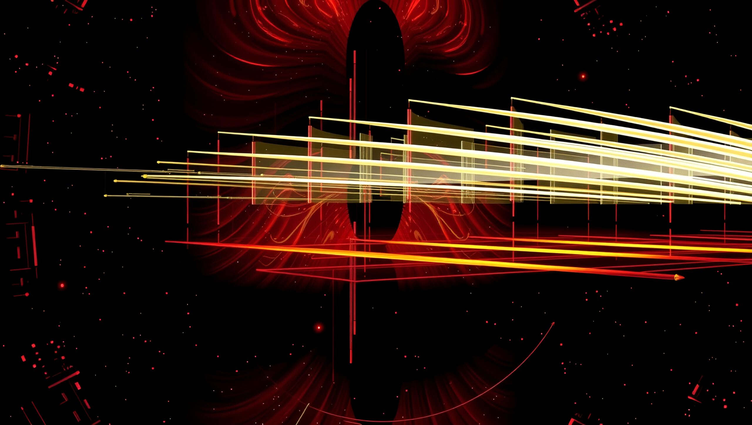 Abstract digital art featuring swirling red, black, and yellow elements creating dynamic energy against a cosmic backdrop.