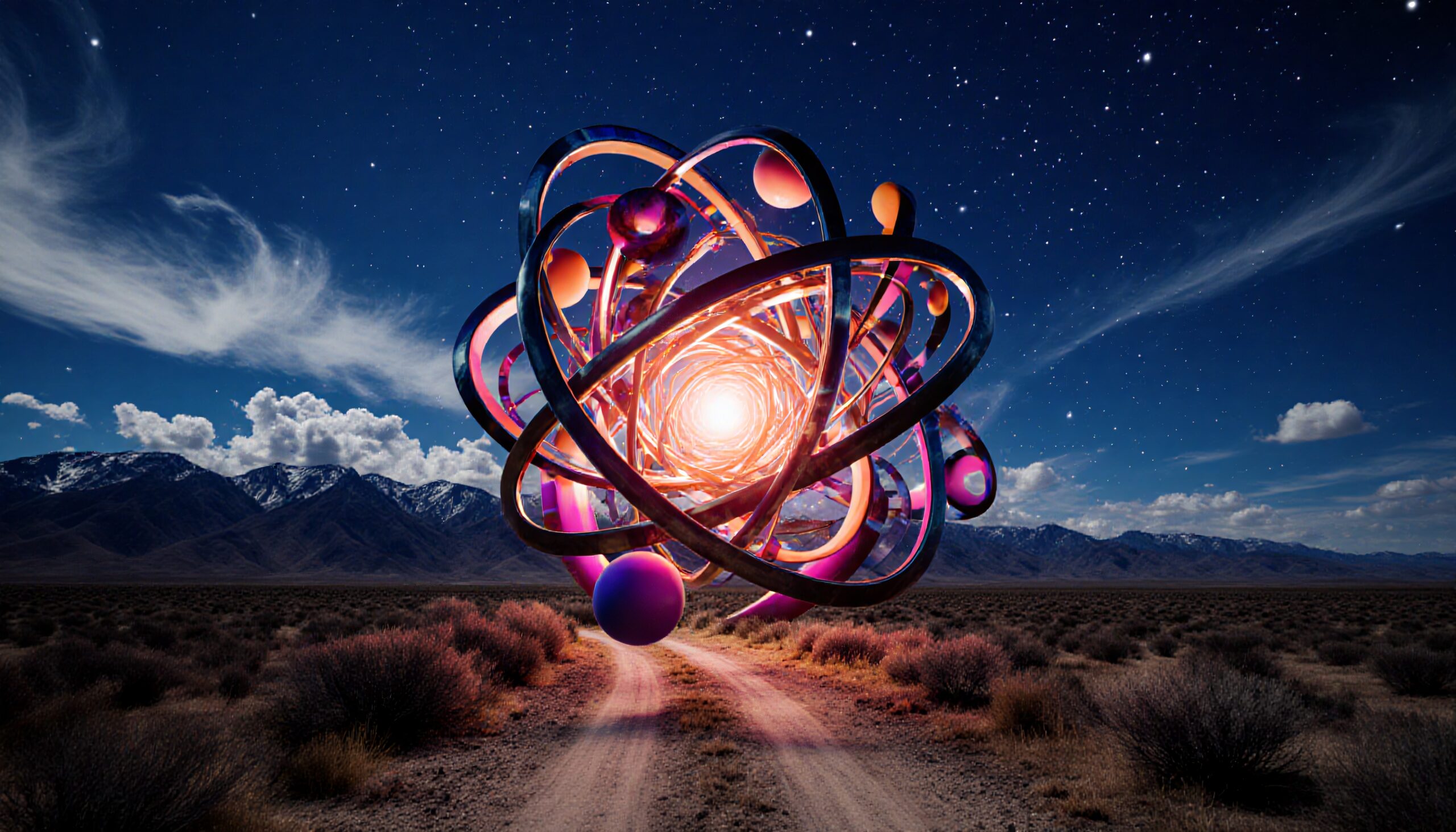 A glowing orb hovers above a desert landscape at night.