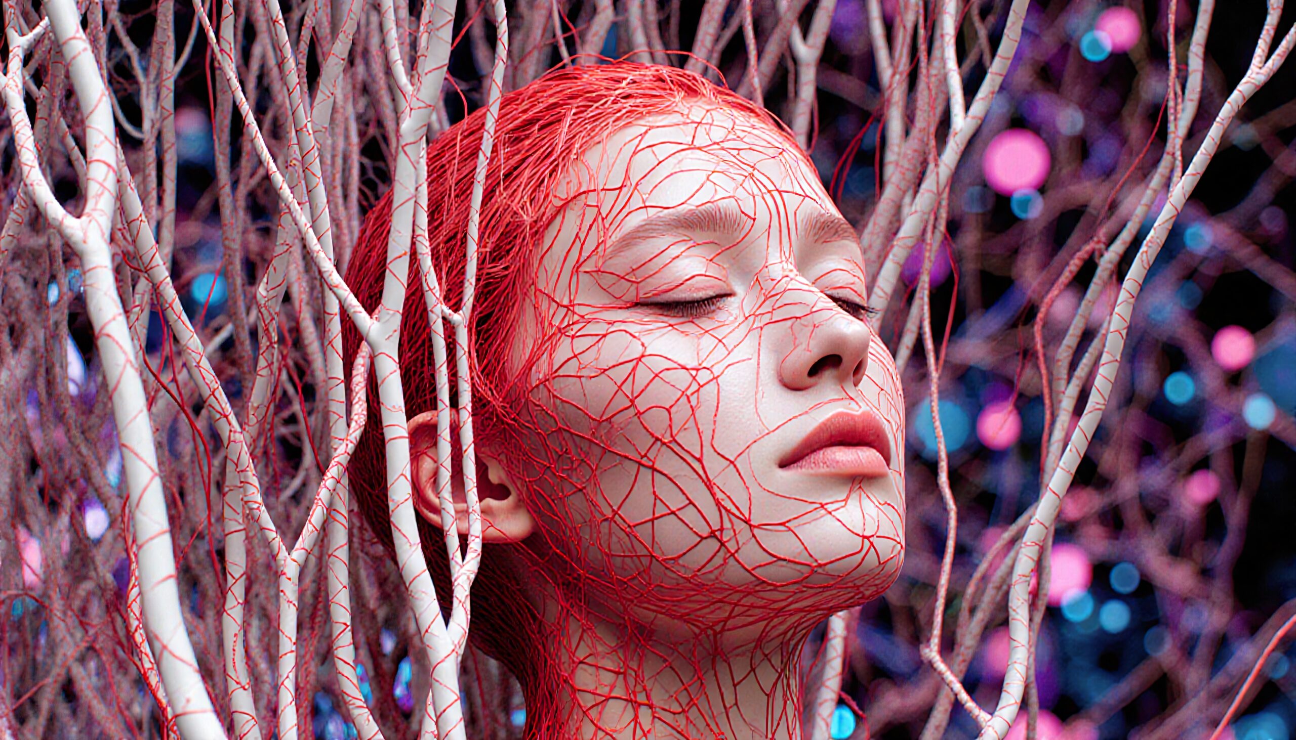 A tranquil figure with closed eyes, intertwined with intricate red lines and white branches against a vibrant, ethereal background.