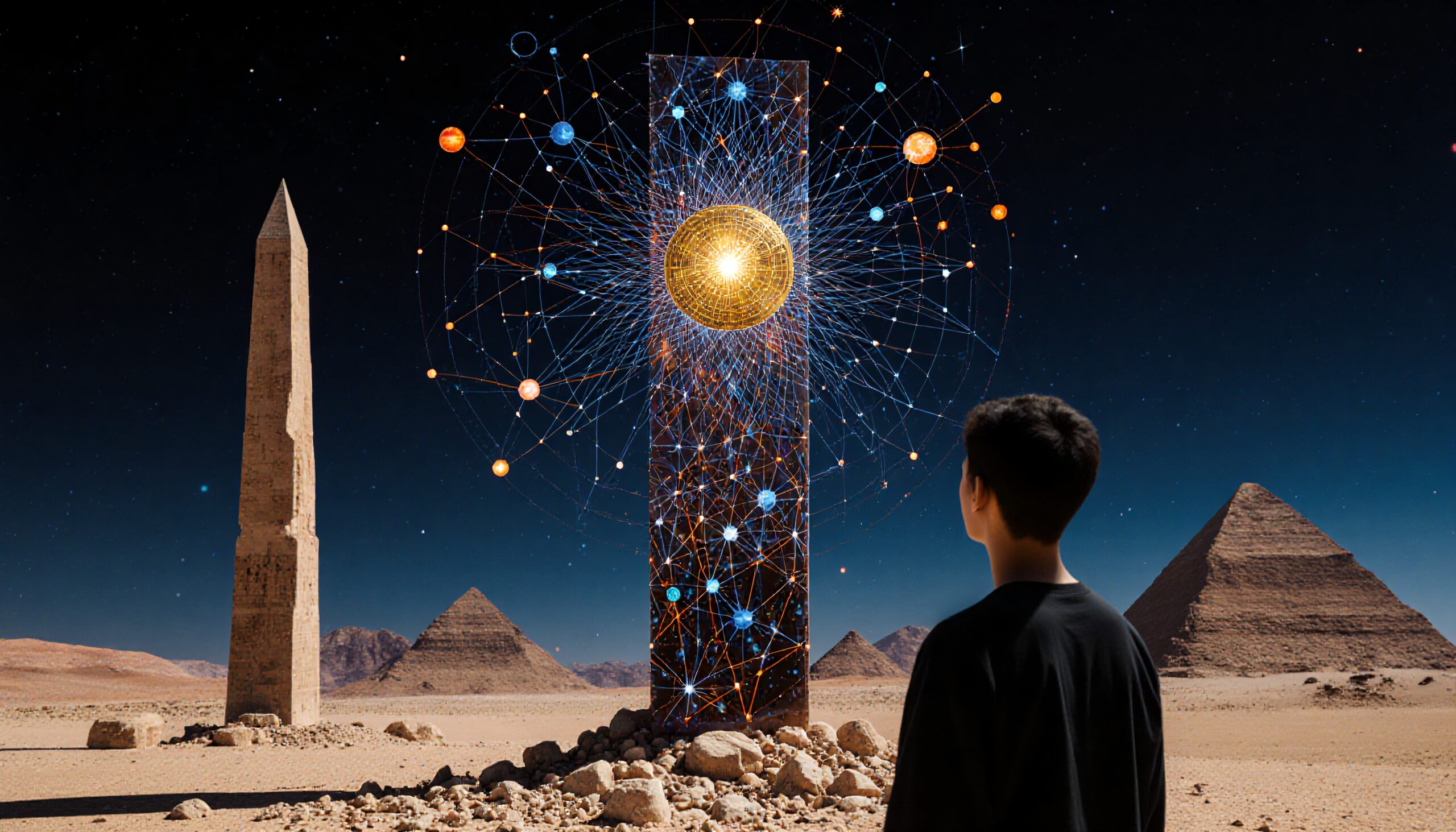 A young individual observes a futuristic monument with digital networks against a backdrop of pyramids and obelisks under a starry desert sky.