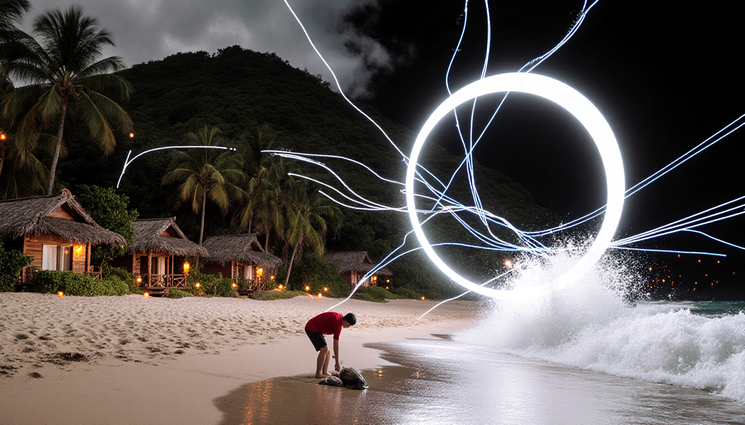 Tropical beach at night with glowing circle and huts.