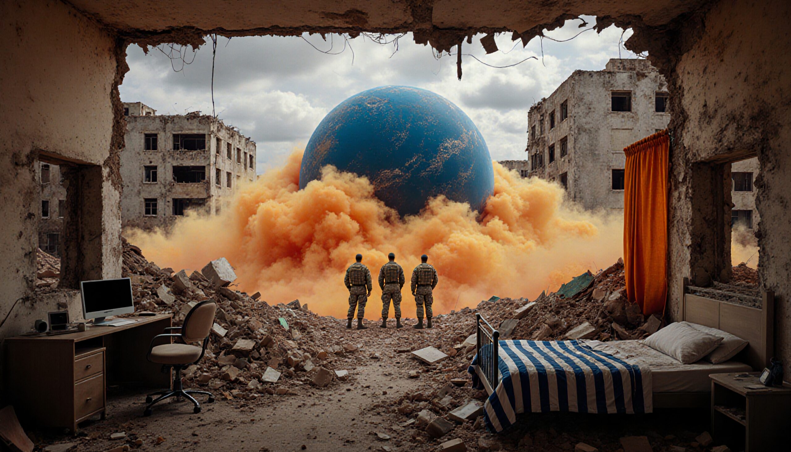 Three soldiers gaze at surreal scene.