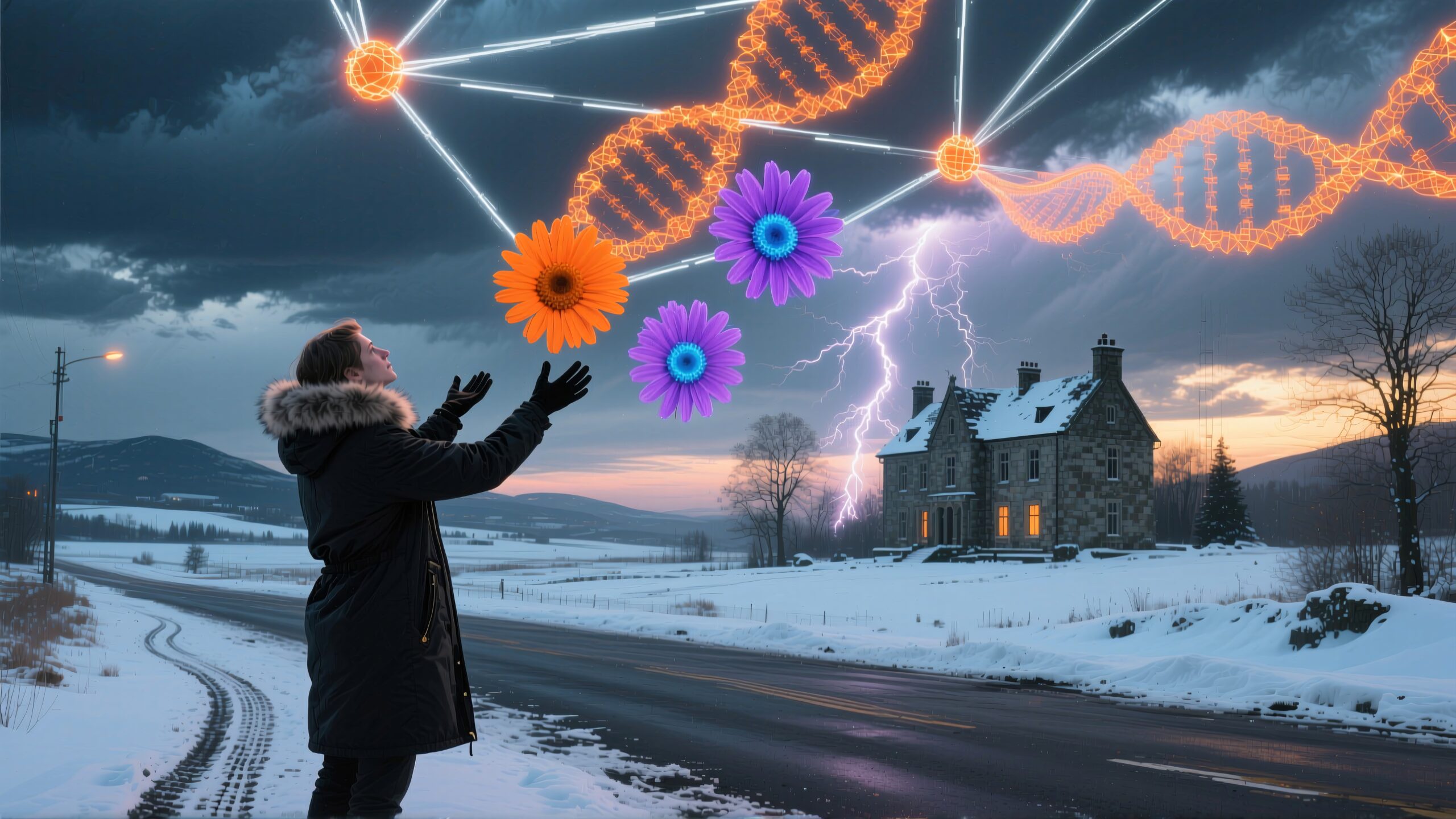 A person stands by a snowy road under a surreal sky with glowing DNA strands and vivid flowers, distant lightning behind.