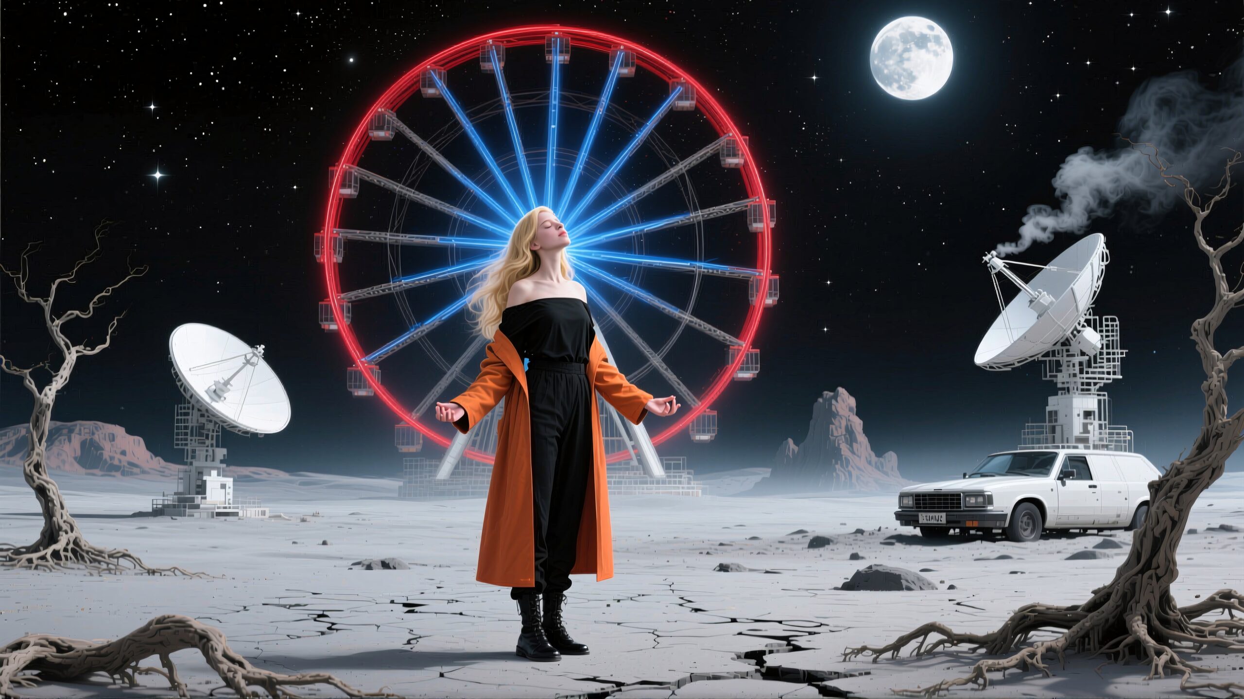 A woman stands before a glowing Ferris wheel under a starry sky, surrounded by satellites, embodying a surreal futuristic landscape.