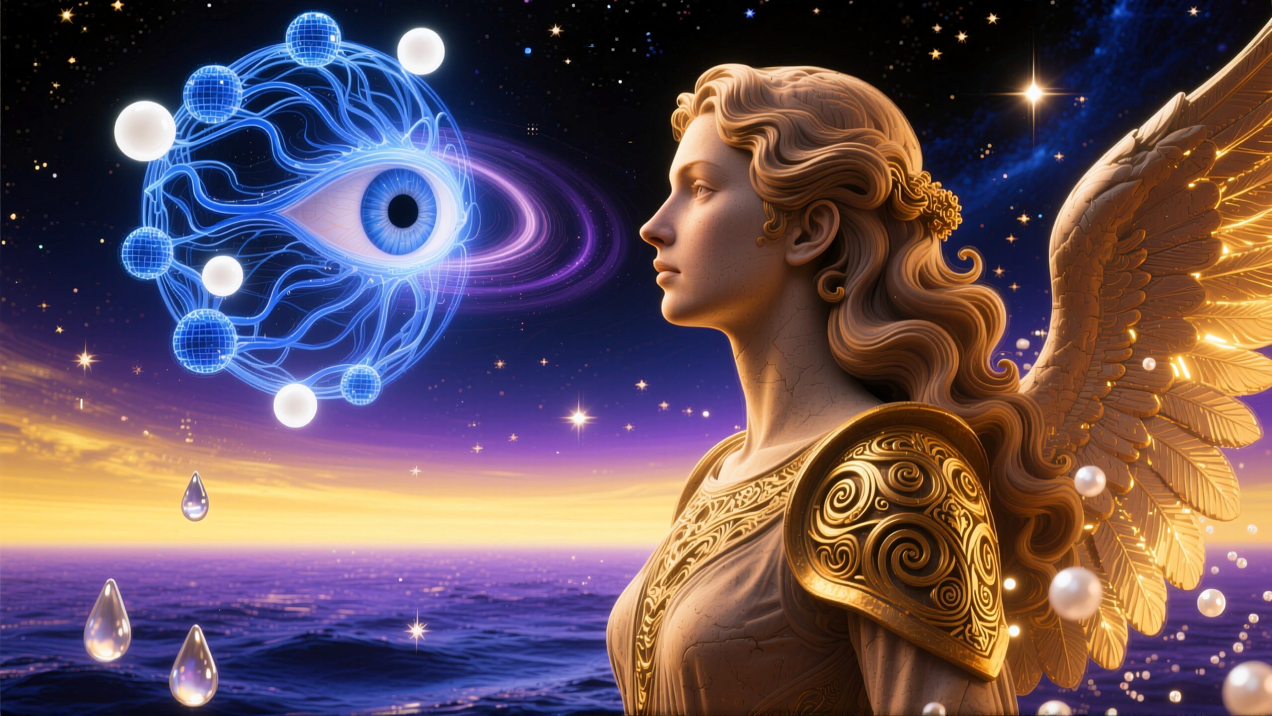 A surreal cosmic scene with an angelic figure and floating eye.