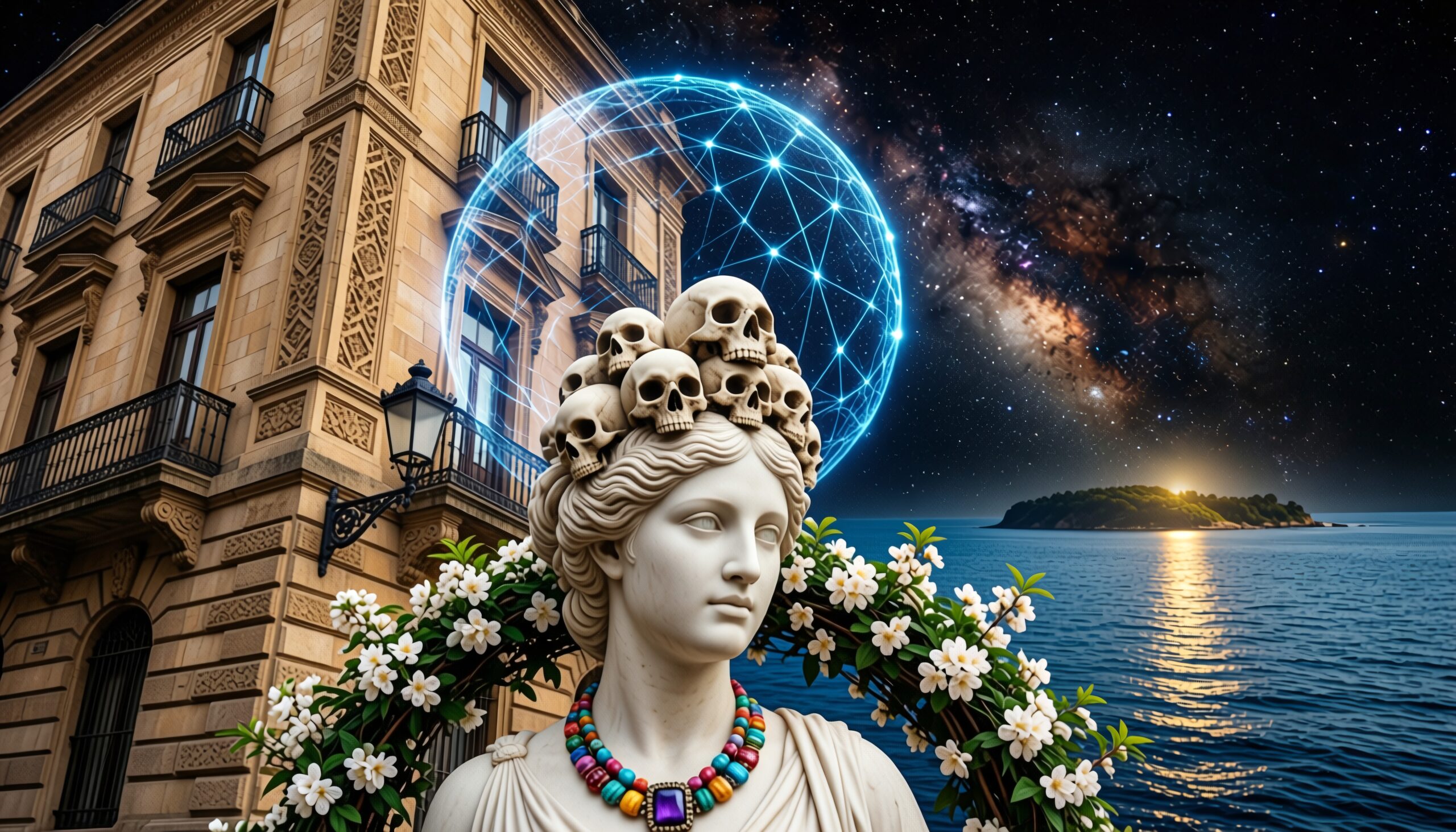 A statue with skulls against an island sunset and galaxy.
