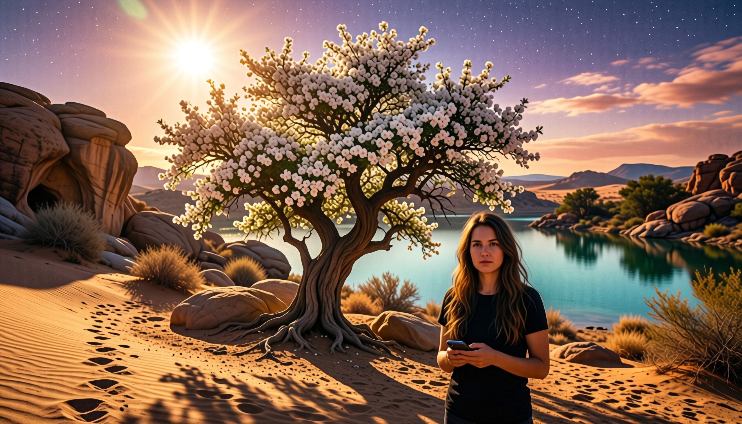 A woman stands by a blossoming tree in a serene desert landscape during sunset, reflecting on the tranquil water under a starry sky.