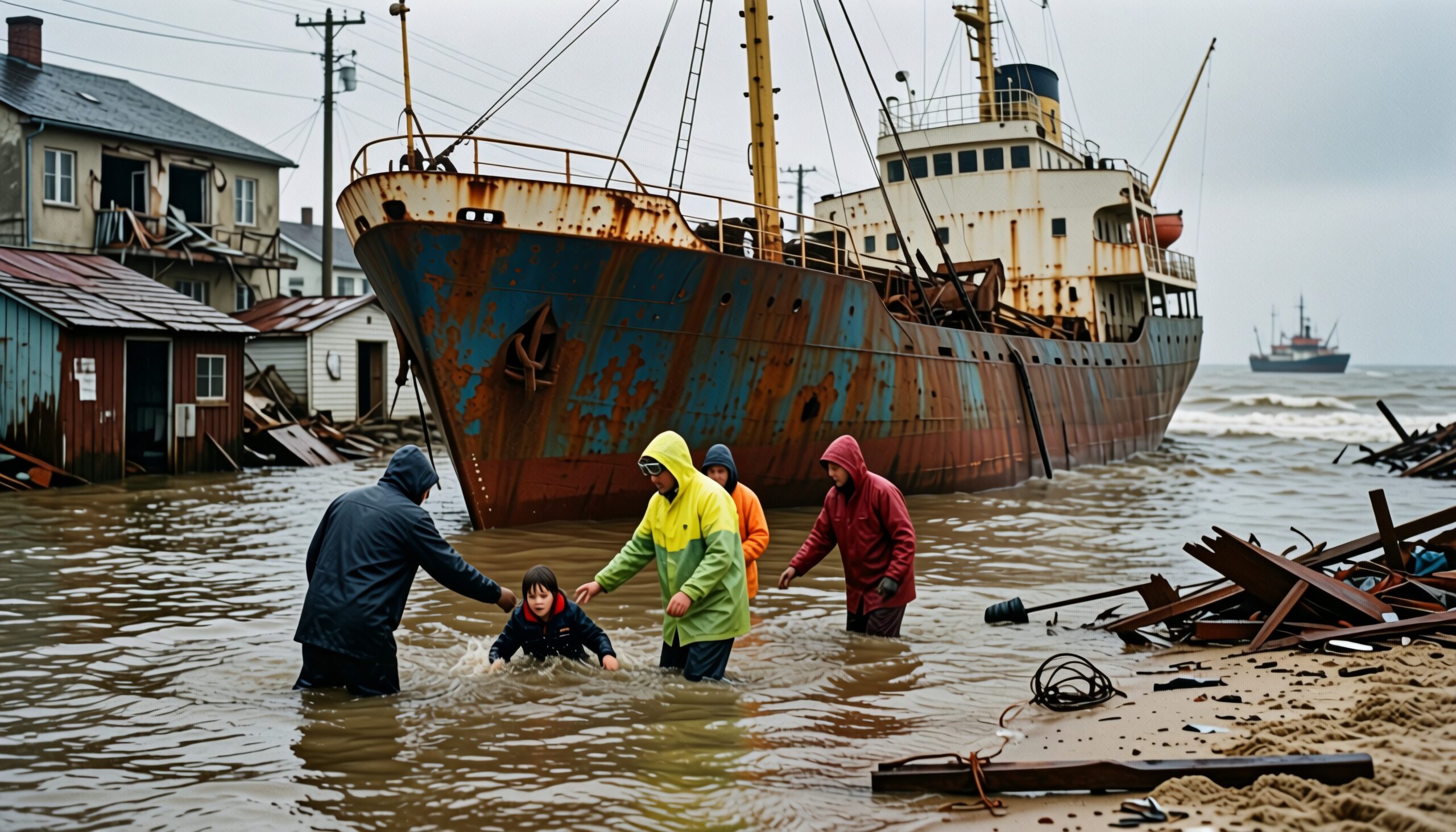 A group helps a child through floodwaters near a grounded, rusty ship with scattered debris.