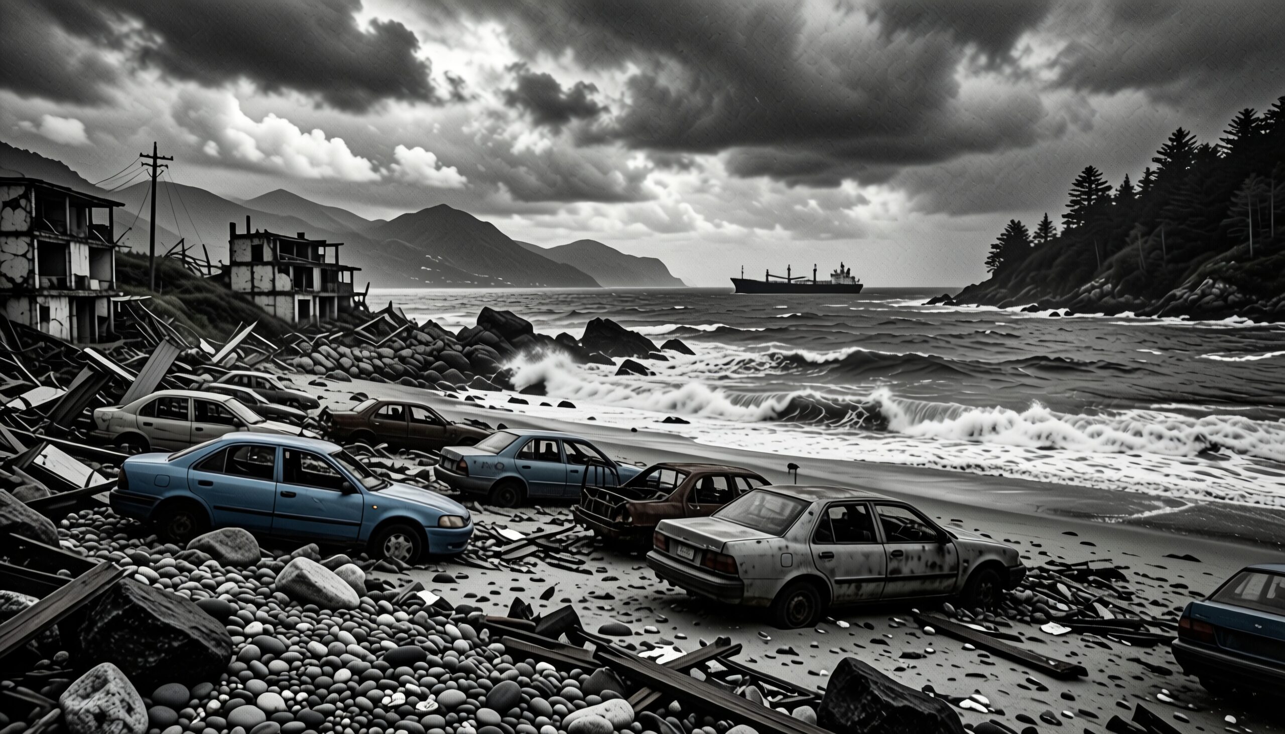 Abandoned cars on a rocky shore with a stormy sea and ship in the background.