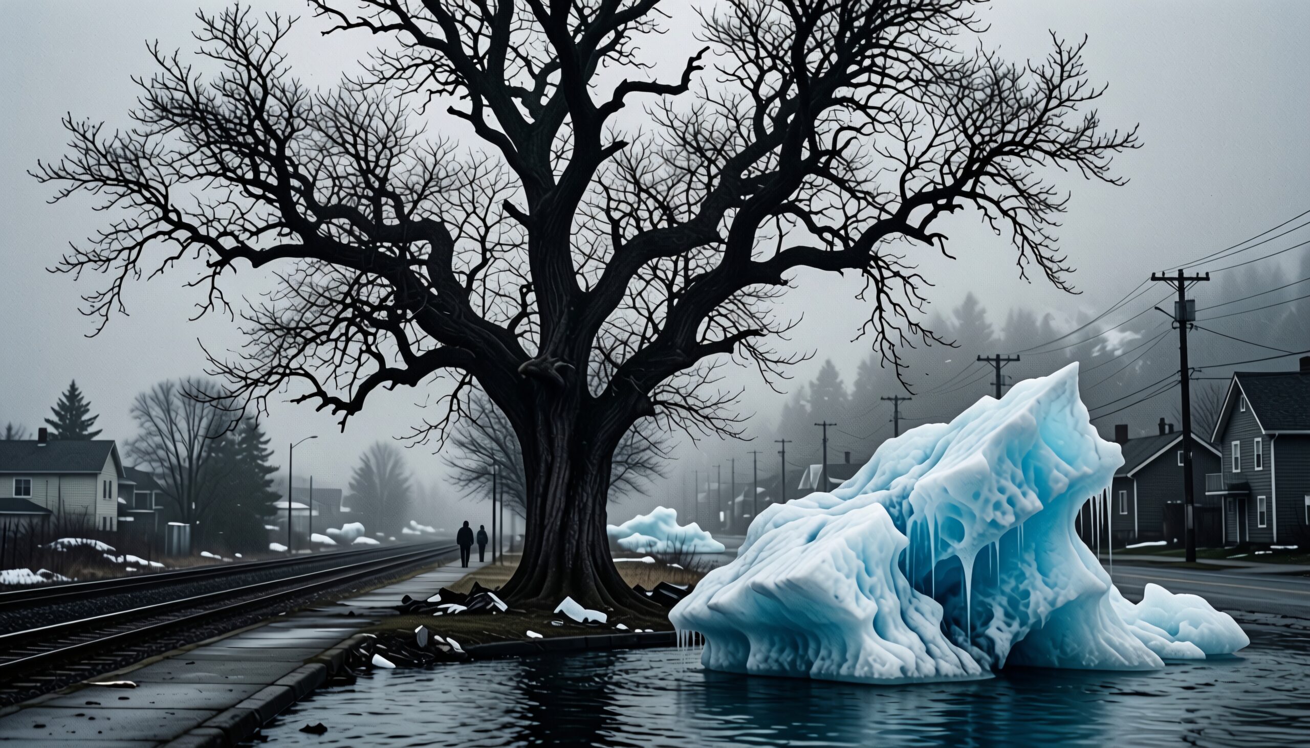 Majestic winter scene with a bare tree, houses, and icy pond.
