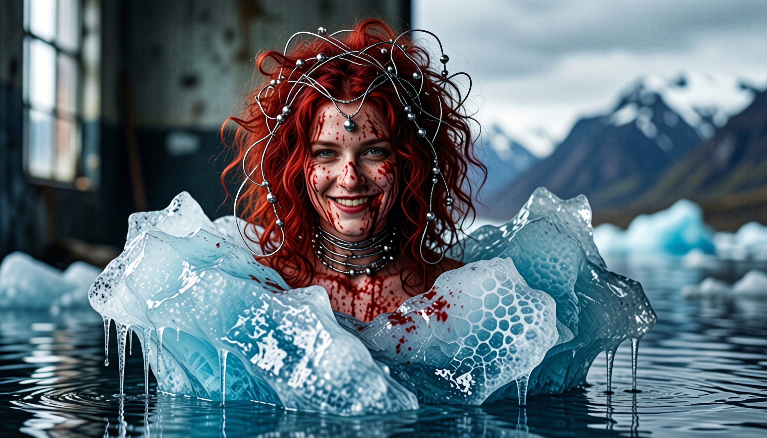 A young woman with vivid red hair and metallic headpiece submerged in icy water against a mountainous backdrop.