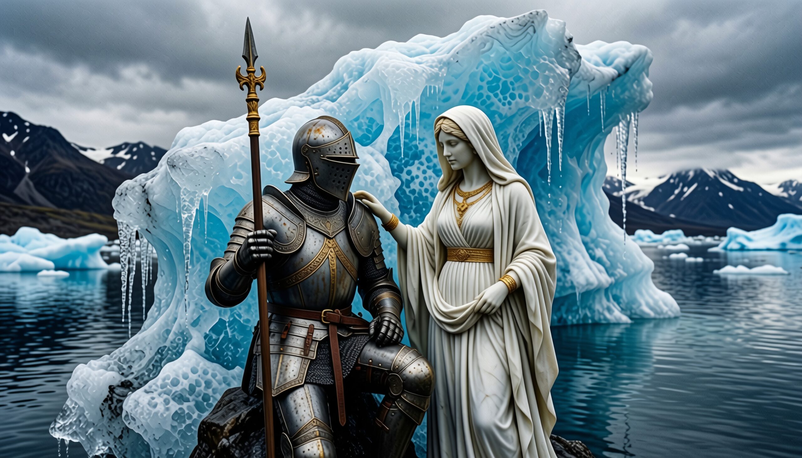 A knight kneels beside a statue by icy glaciers.