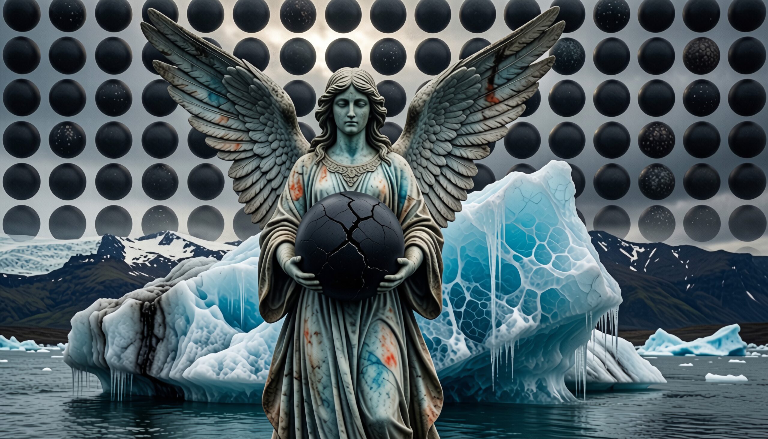 Angel statue holding cracked sphere in surreal iceberg landscape with patterned sky.