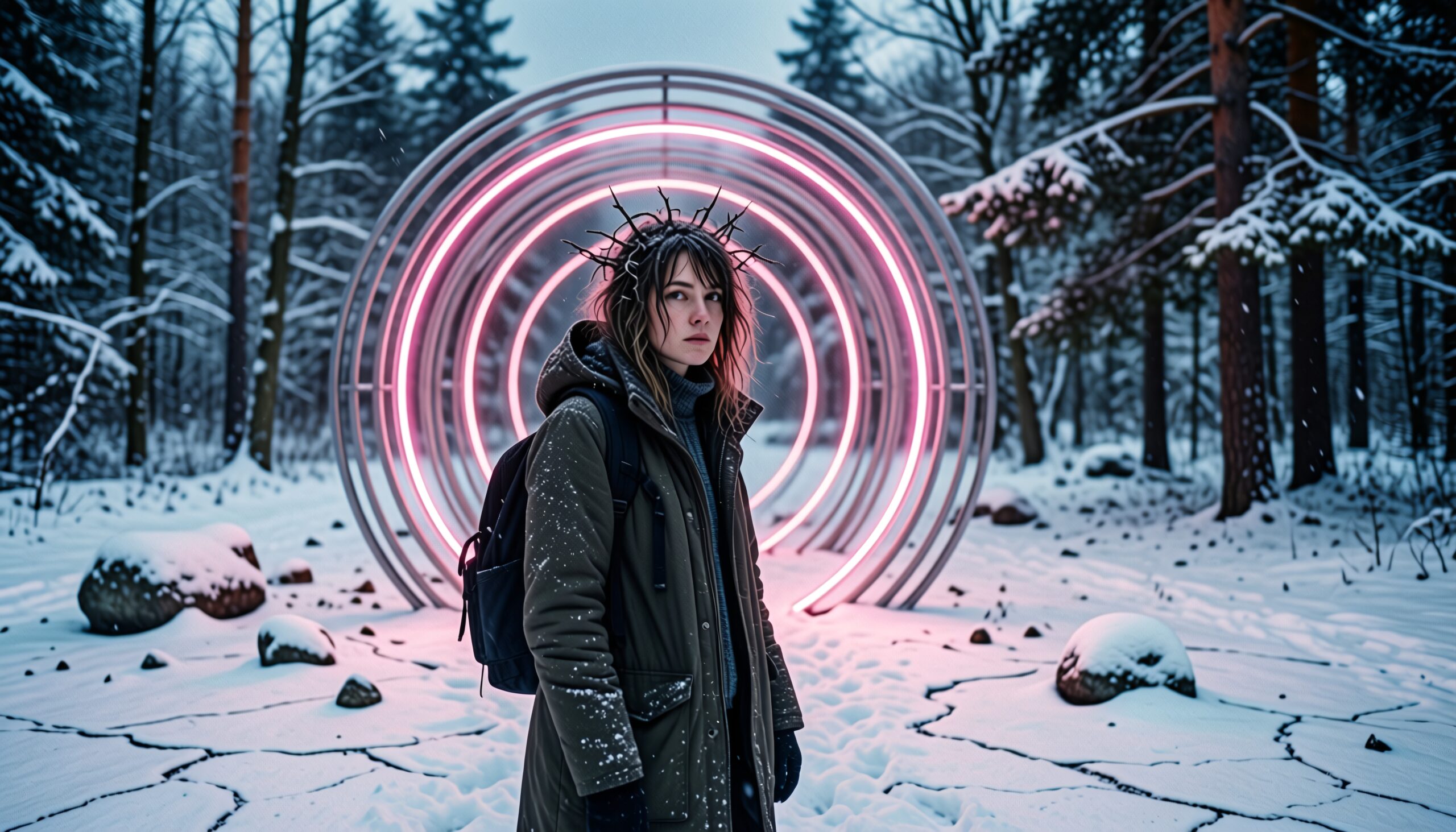 A person wearing a dark coat stands in a snowy forest, surrounded by glowing pink neon rings.