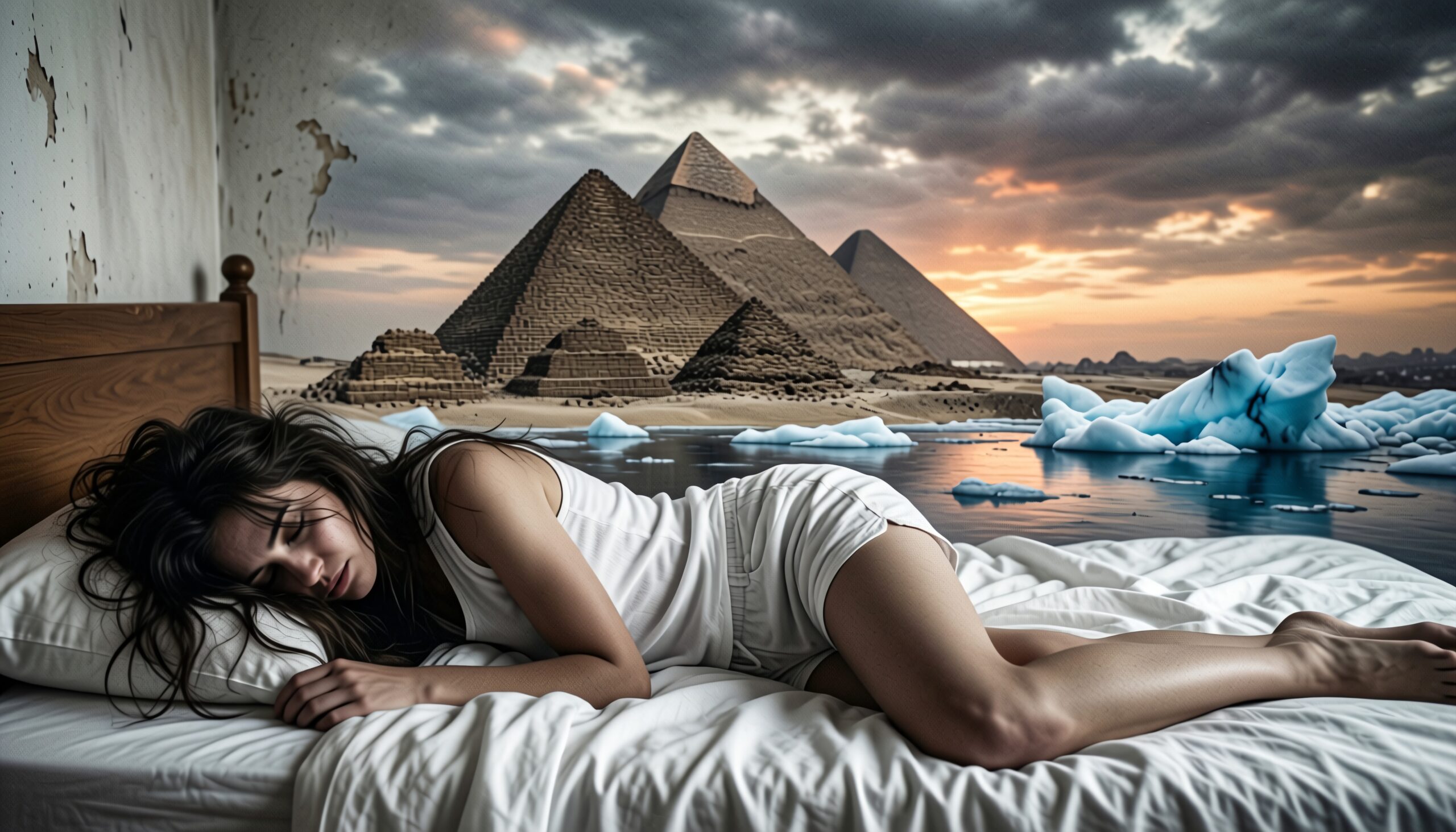 A woman sleeps inside a room with a surreal view of pyramids and icebergs, creating a dreamlike atmosphere.