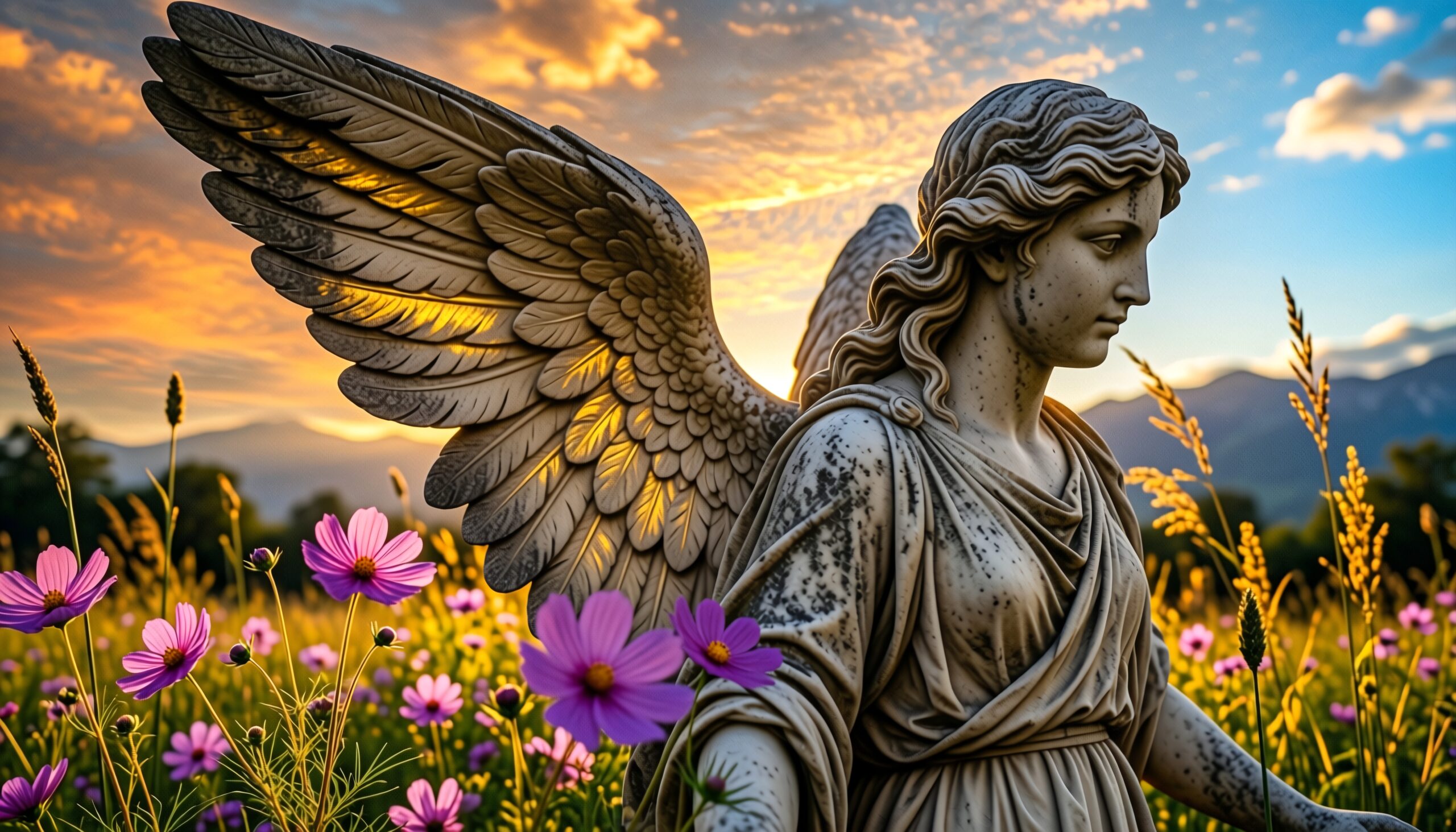 A stone angel statue with wings spread amidst pink flowers at sunset.