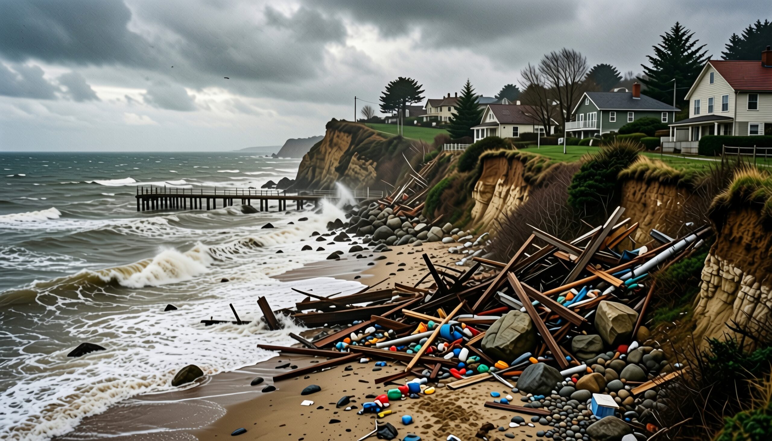 Cloudy coastal scene with erosion and debris.