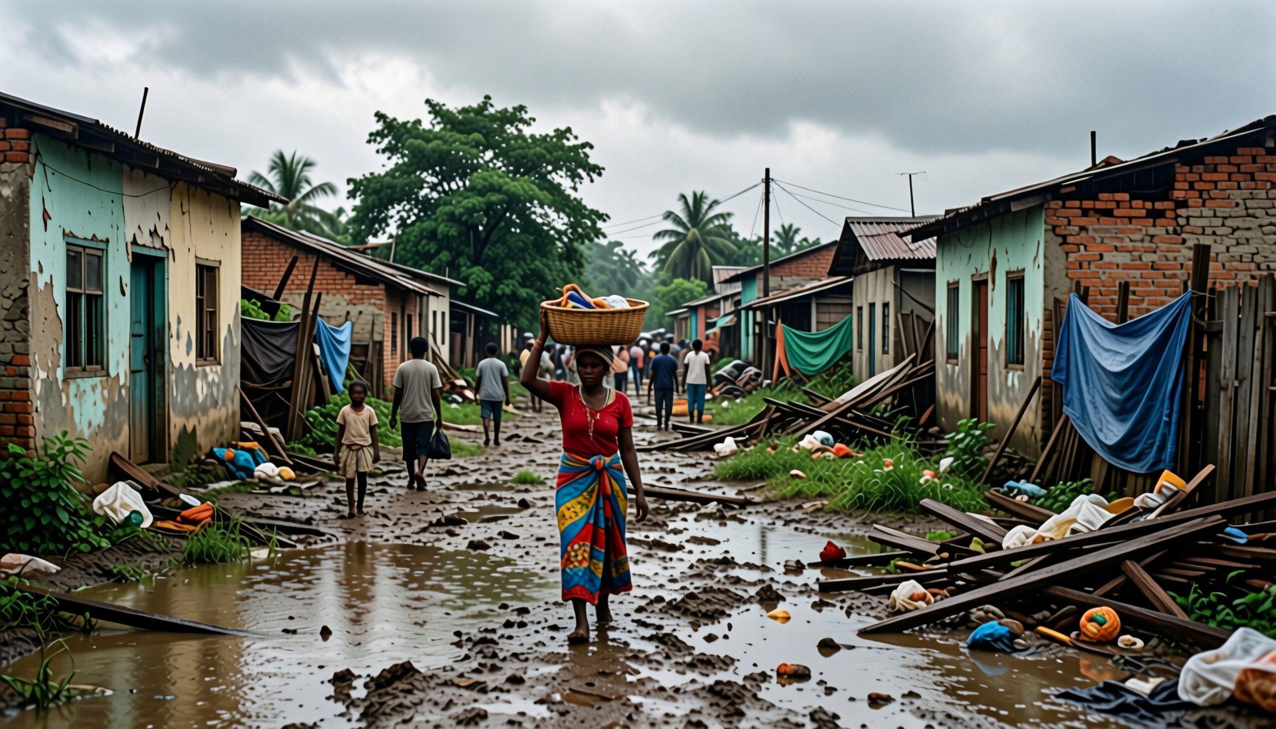 A woman carrying a basket walks through a flooded village street lined with damaged houses and scattered debris after rainfall.