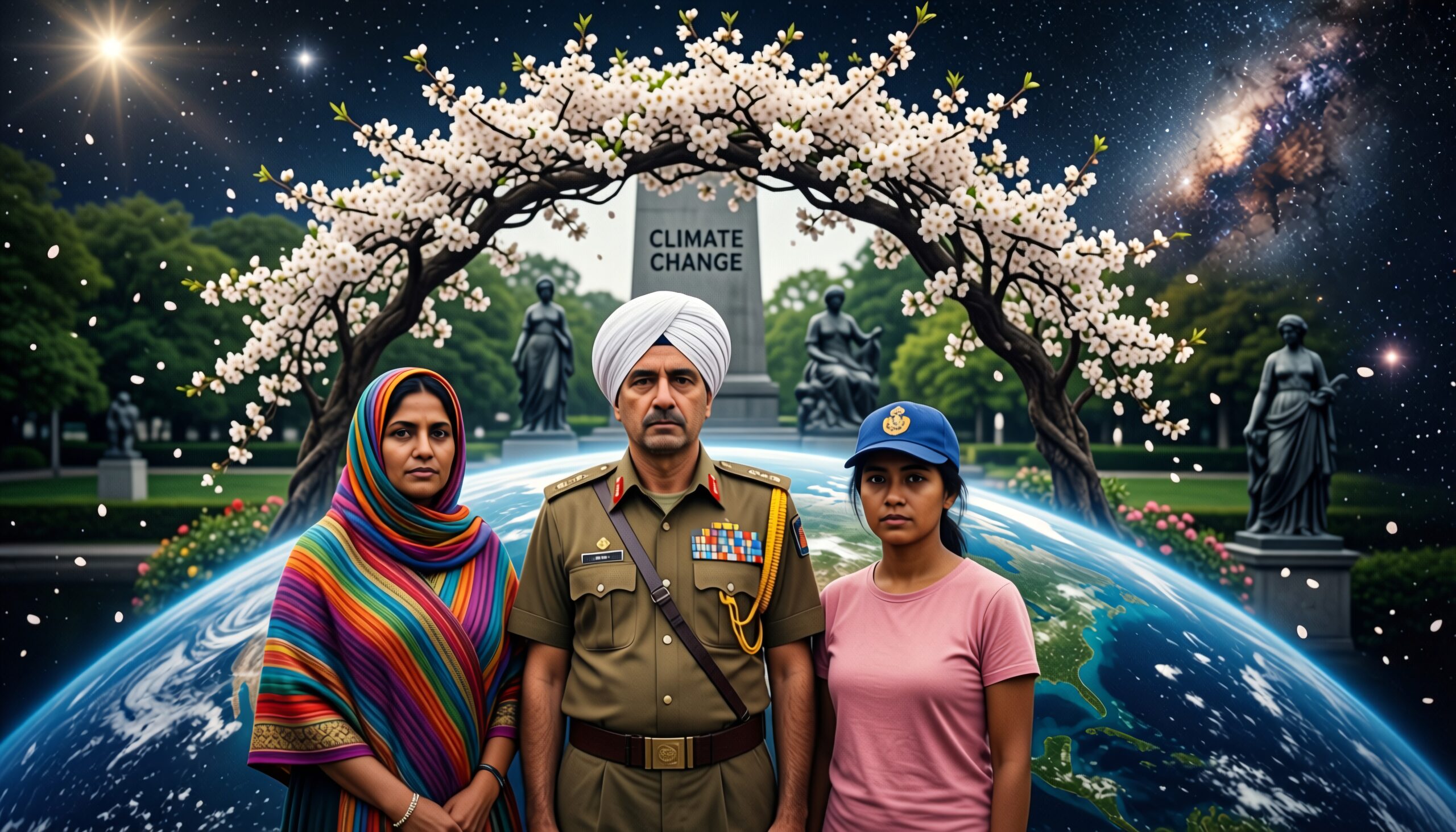 Image depicting diverse people united under a climate change monument with cherry blossoms and a cosmic backdrop.