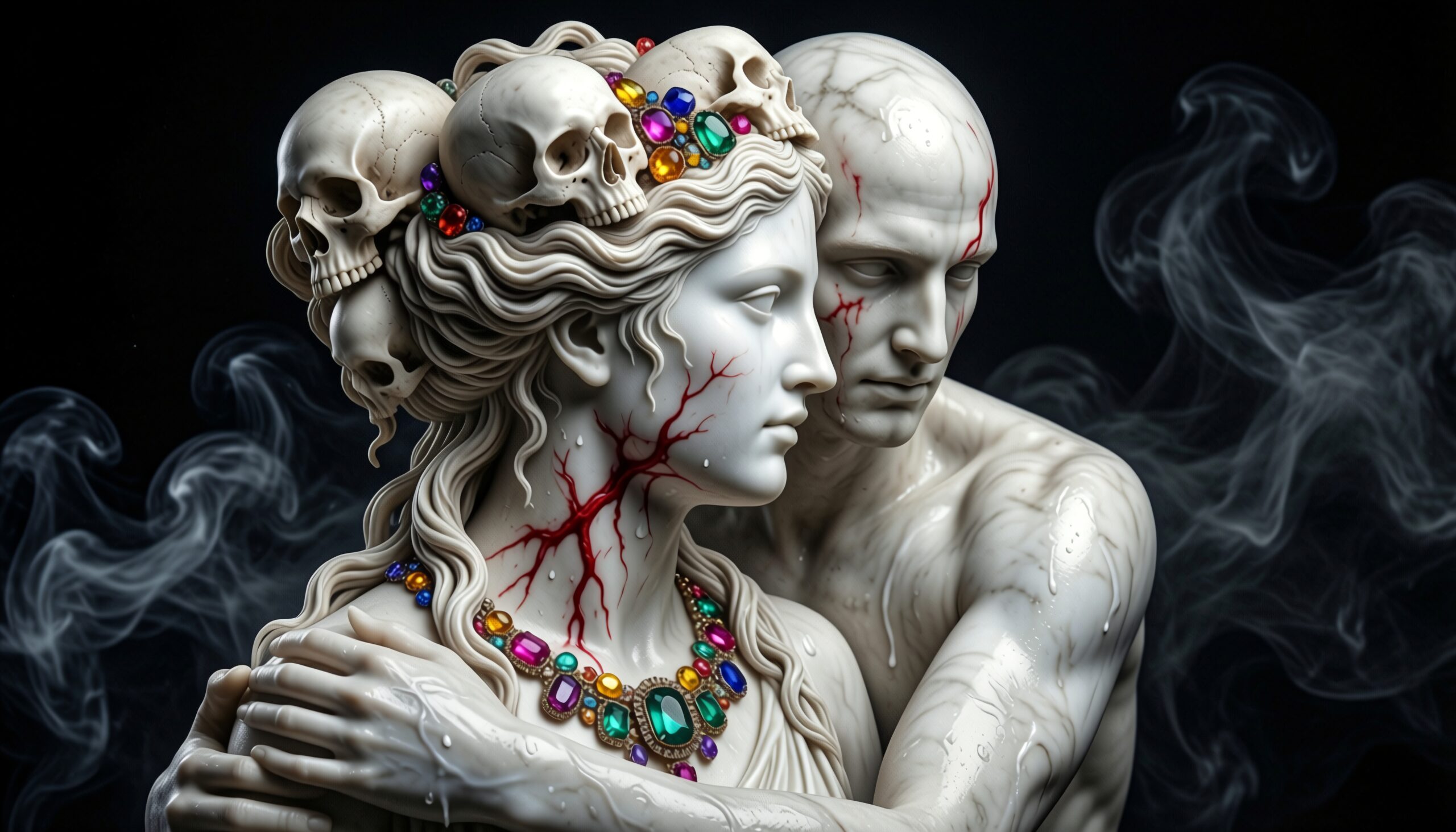 Intricate marble sculptures with skulls and gems create a dramatic, mysterious atmosphere.