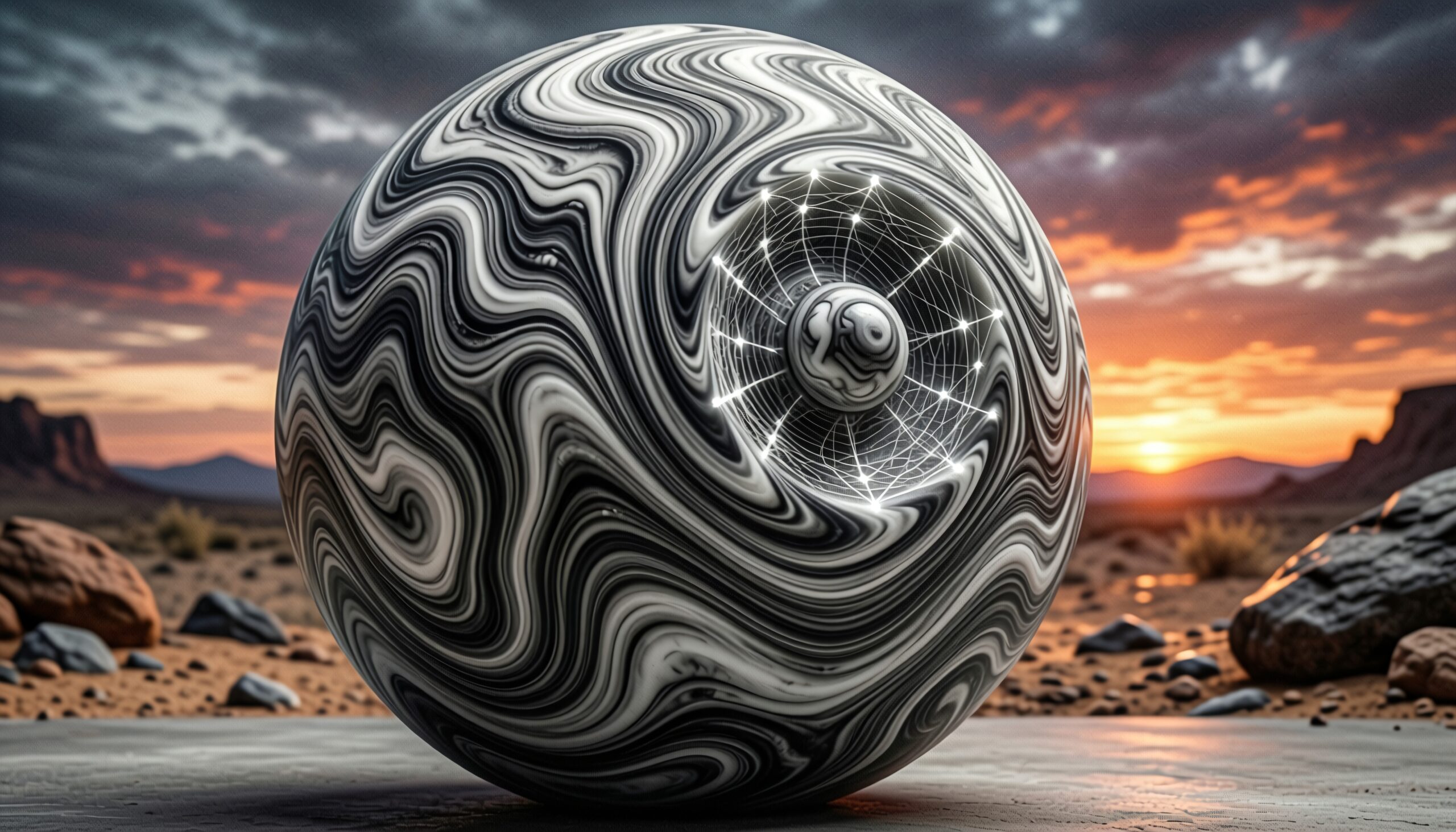 A swirling black and white patterned sphere with a glowing network in a desert landscape at sunset.