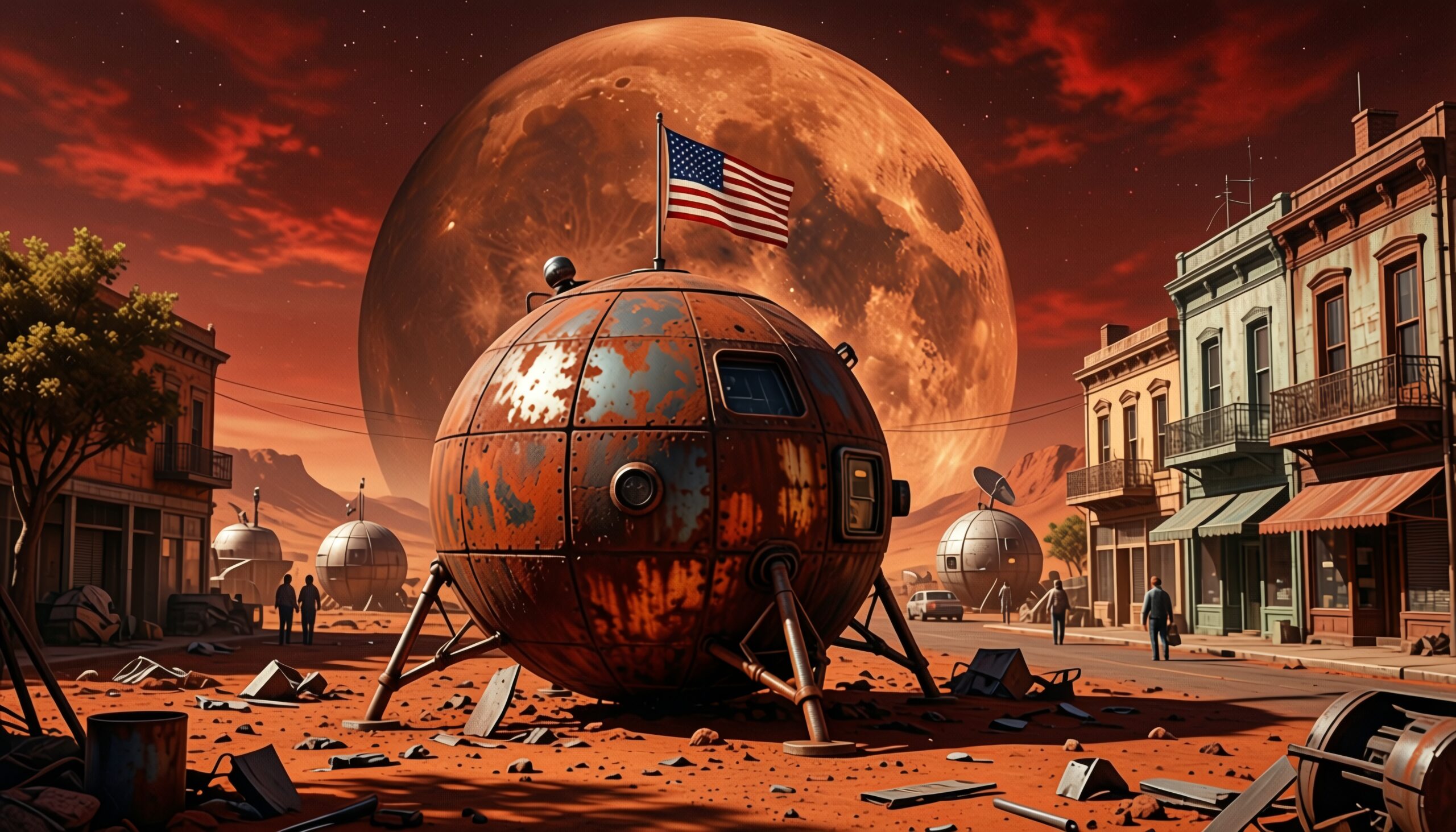 Surreal Martian landscape with futuristic spacecraft and Western town elements under a reddish sky.