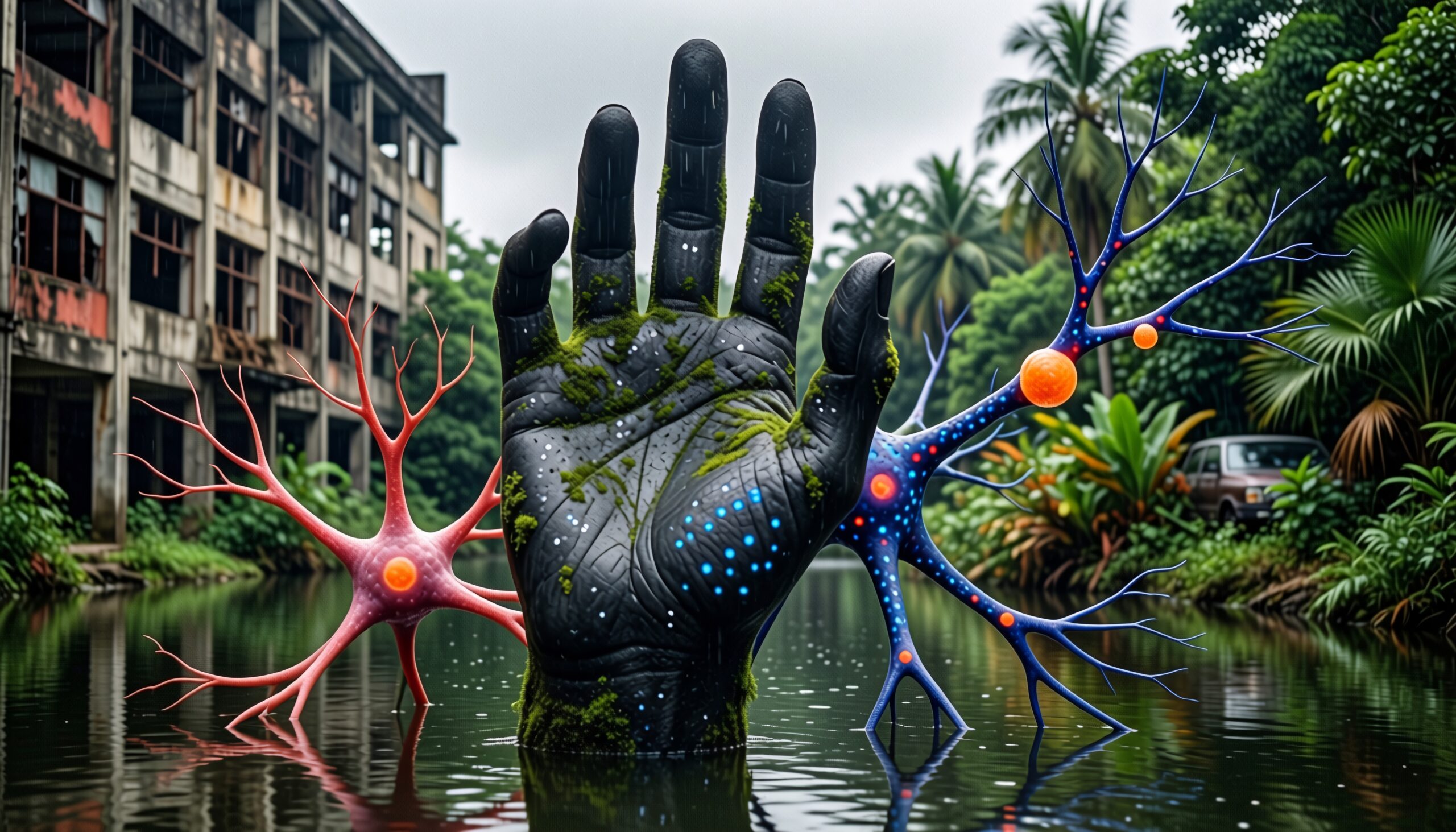 A surreal scene of a massive hand emerging from water, surrounded by nerve-like structures and dense foliage, with an abandoned building in the background.
