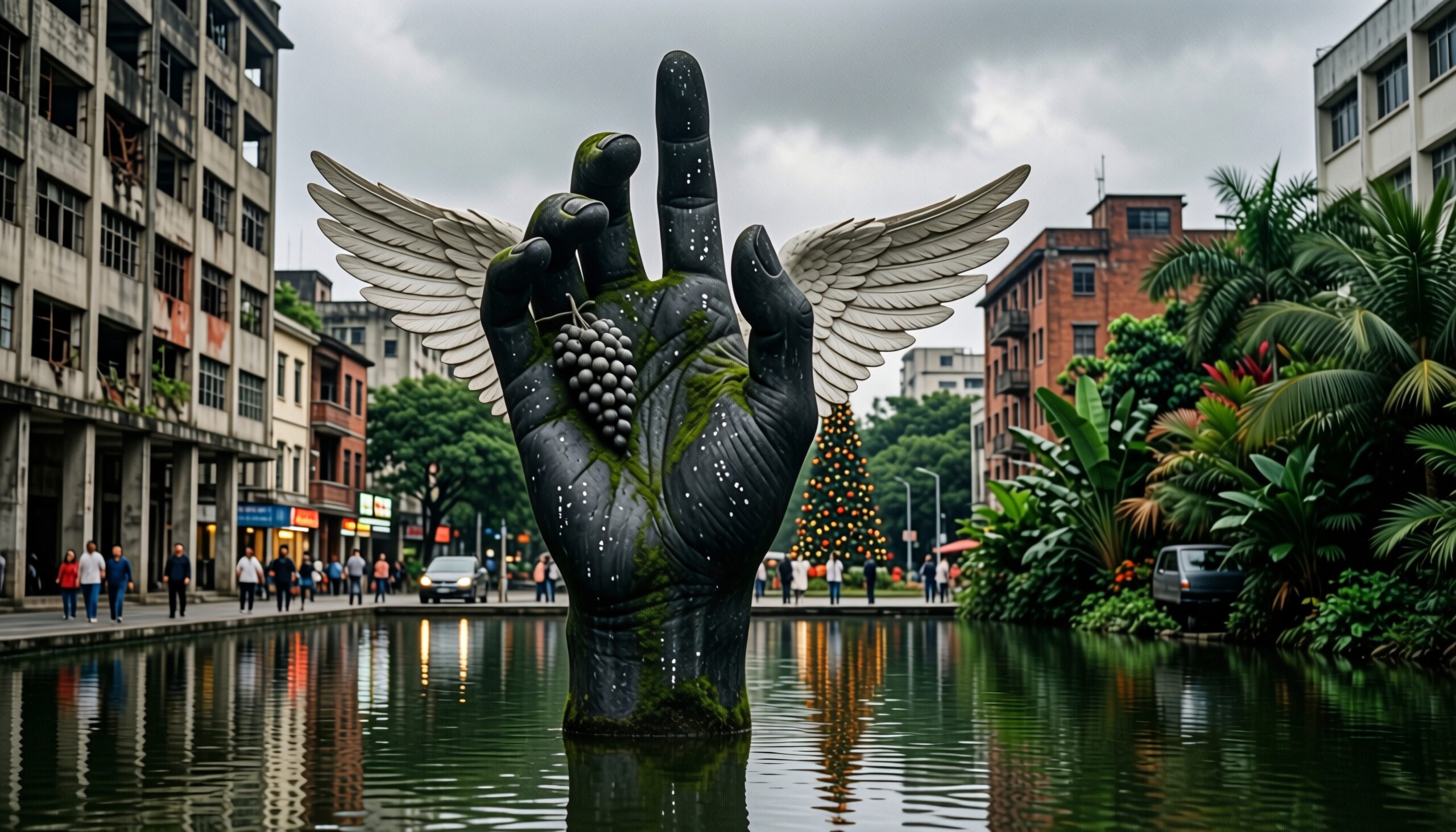 A large hand sculpture with wings rising from a city pool, holding grapes, against an urban and nature backdrop.