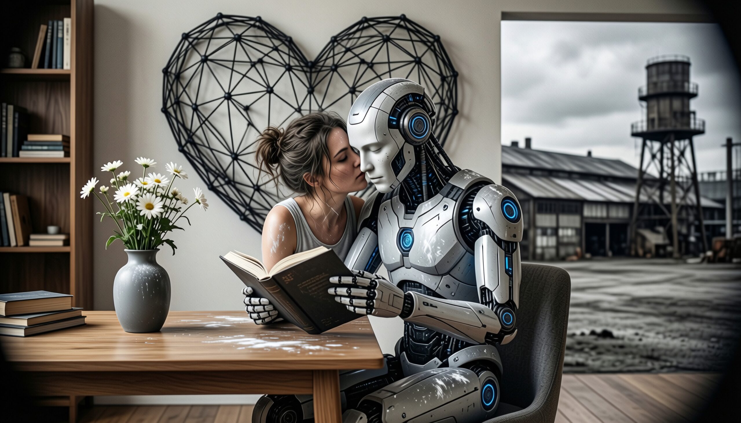 A woman shares a tender moment with a humanoid robot over a book in an industrial setting.