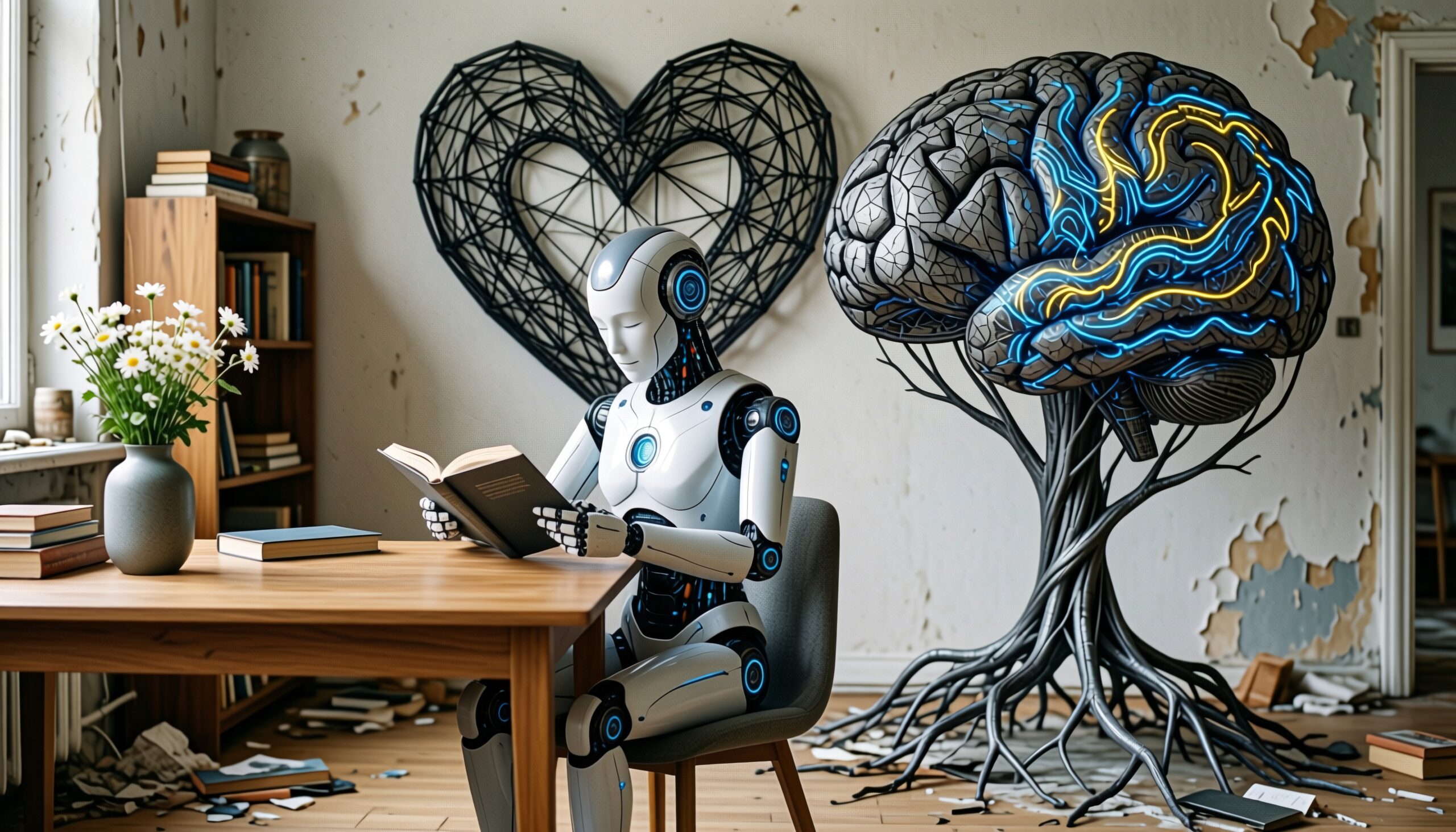 A humanoid robot reads a book at a wooden table with a brain and heart sculpture in a cozy room.