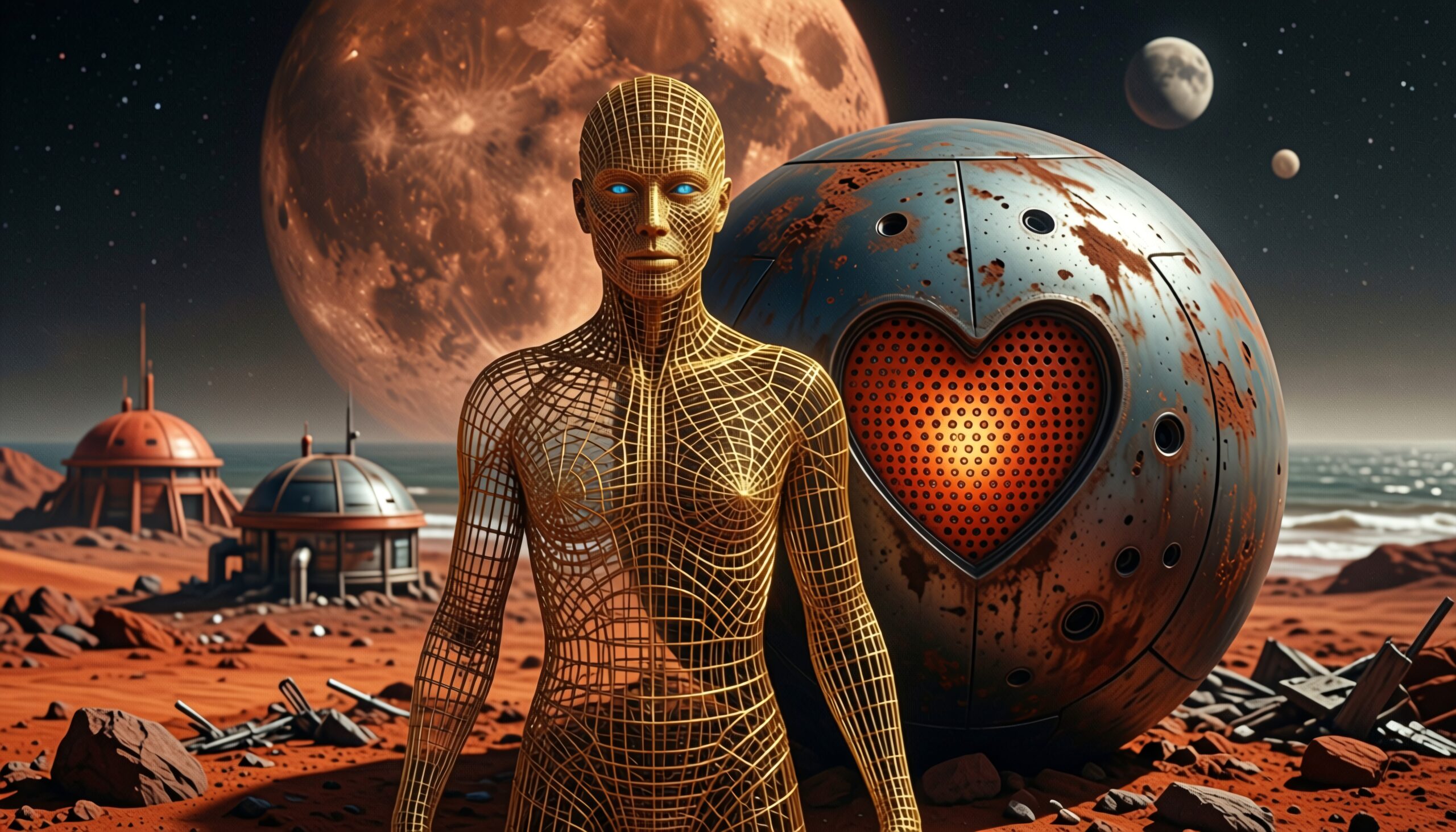 Futuristic scene of robot and Mars colony.