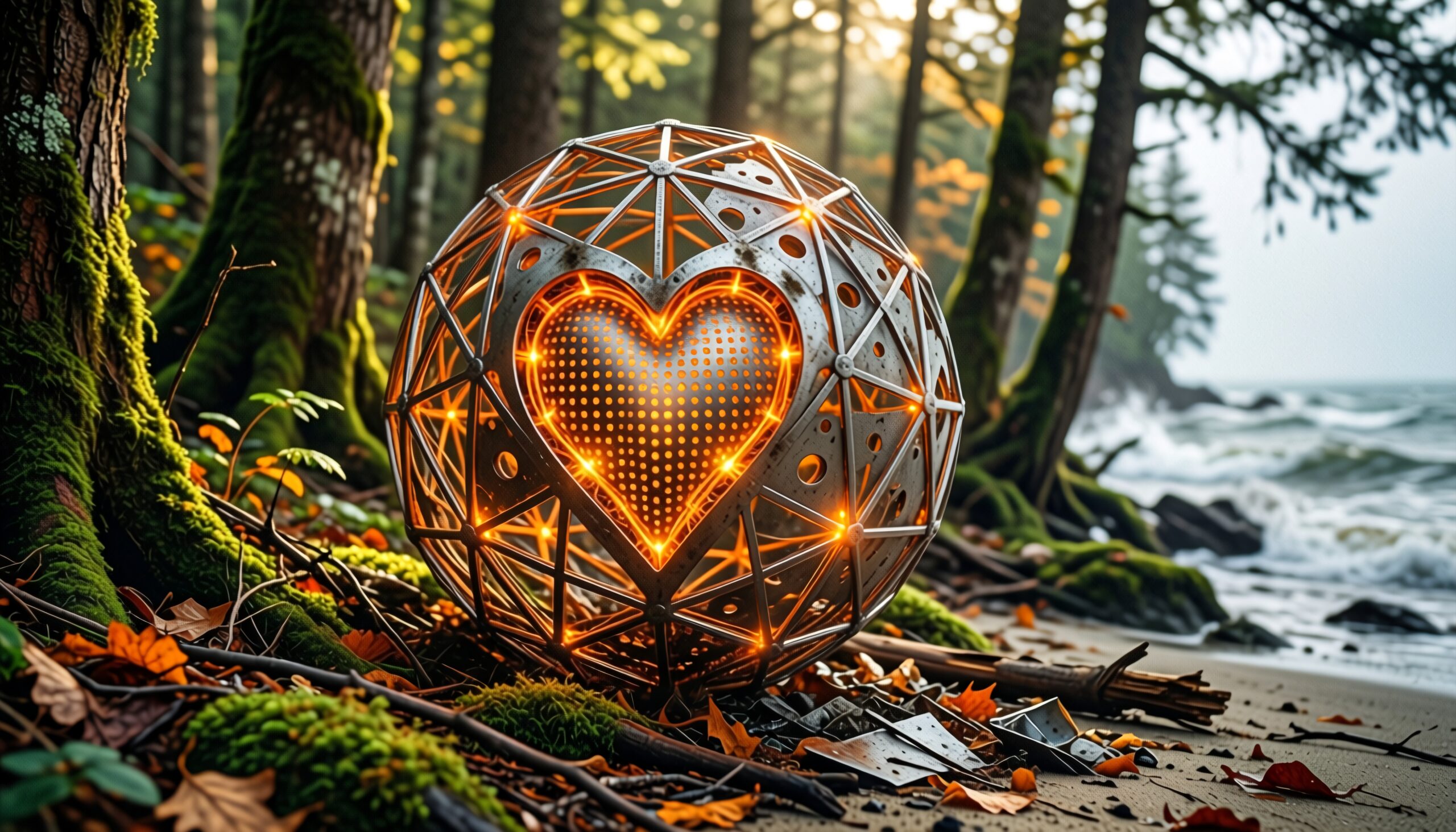 Illuminated sphere with heart design on forest floor by the coast.