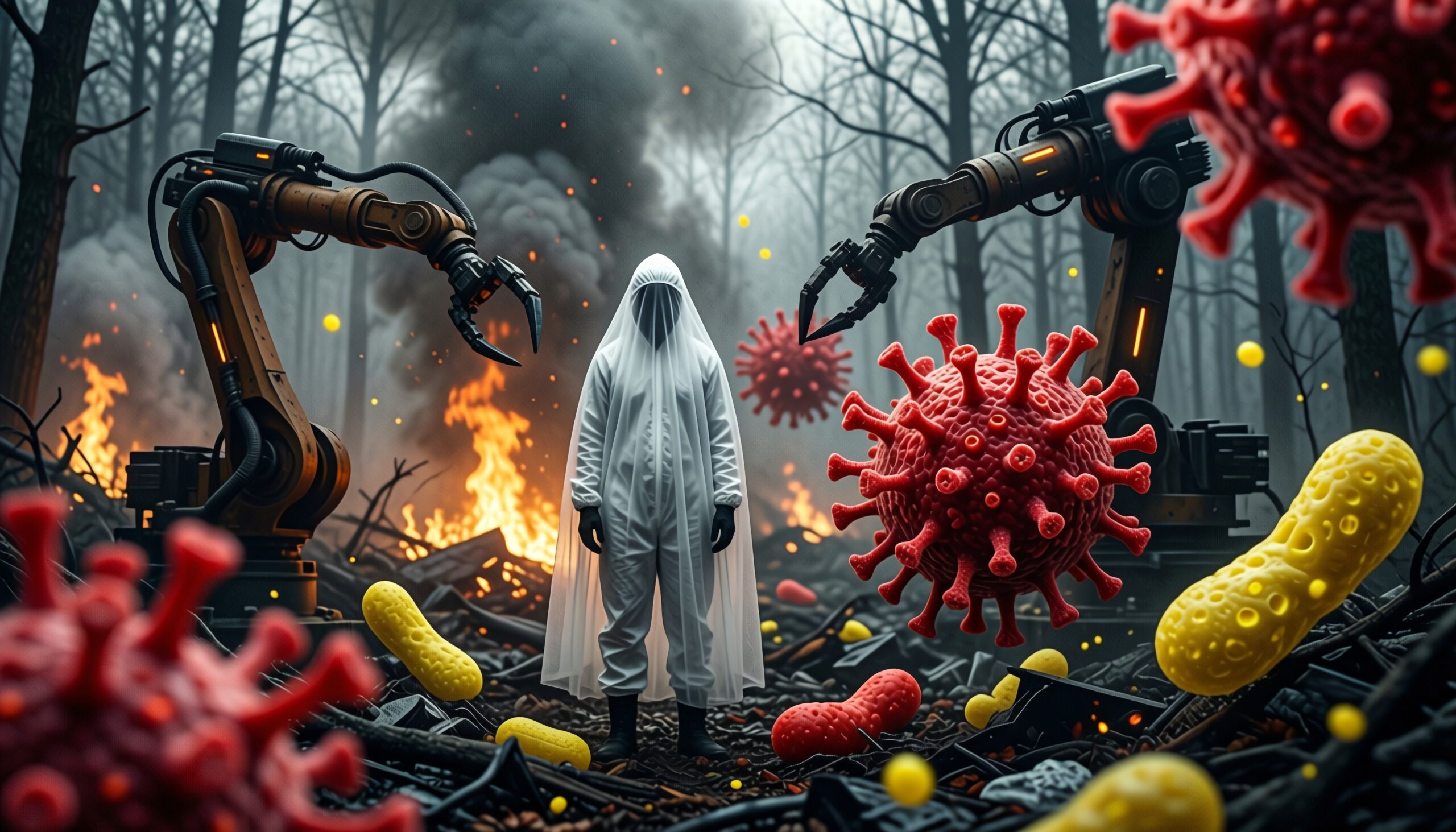 A cloaked figure amid robots and virus-like forms in a burning forest.