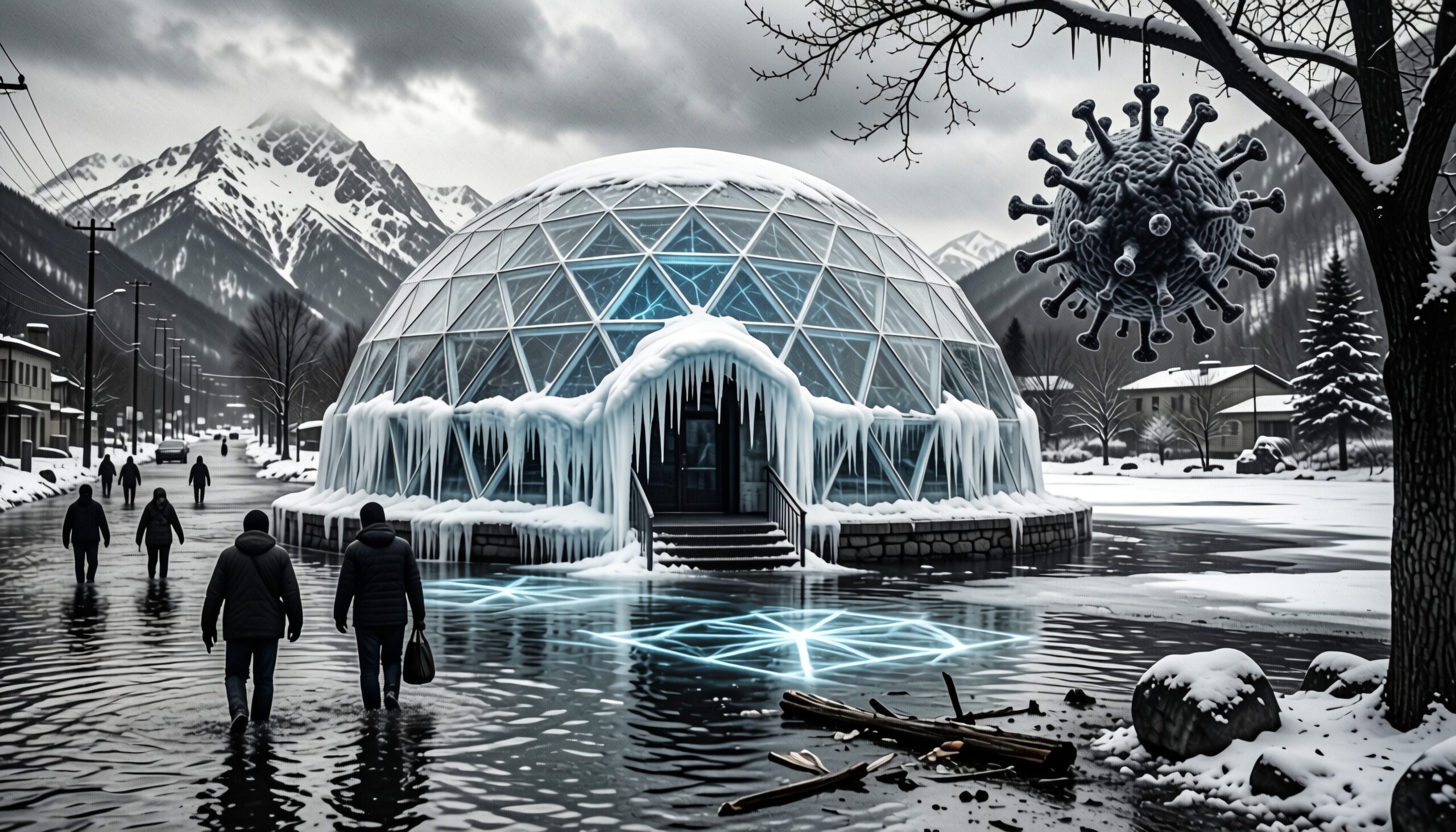 A breathtaking fusion of futuristic architecture and winter landscape, featuring a domed structure with geometric patterns.