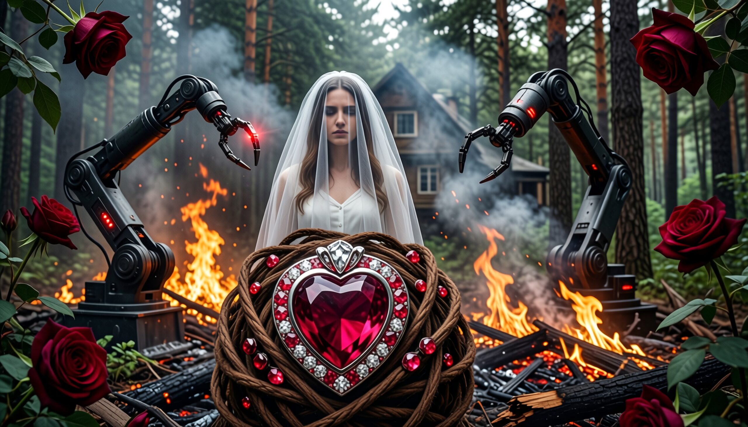 A bride in a forest stands between robotic arms, with a heart-shaped jewel and flames in front of her.