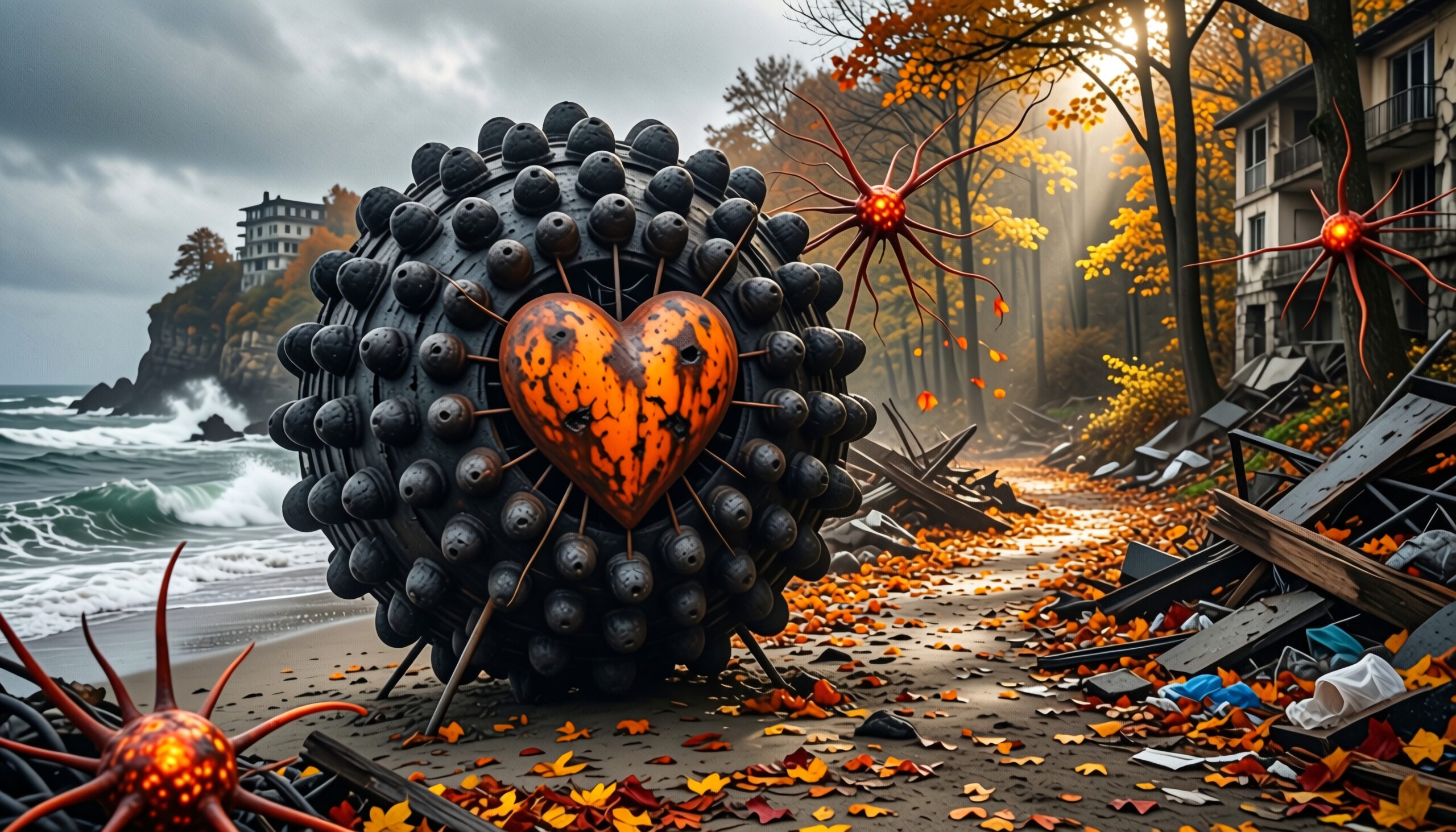 A surreal seascape with a futuristic heart object and autumn leaves.