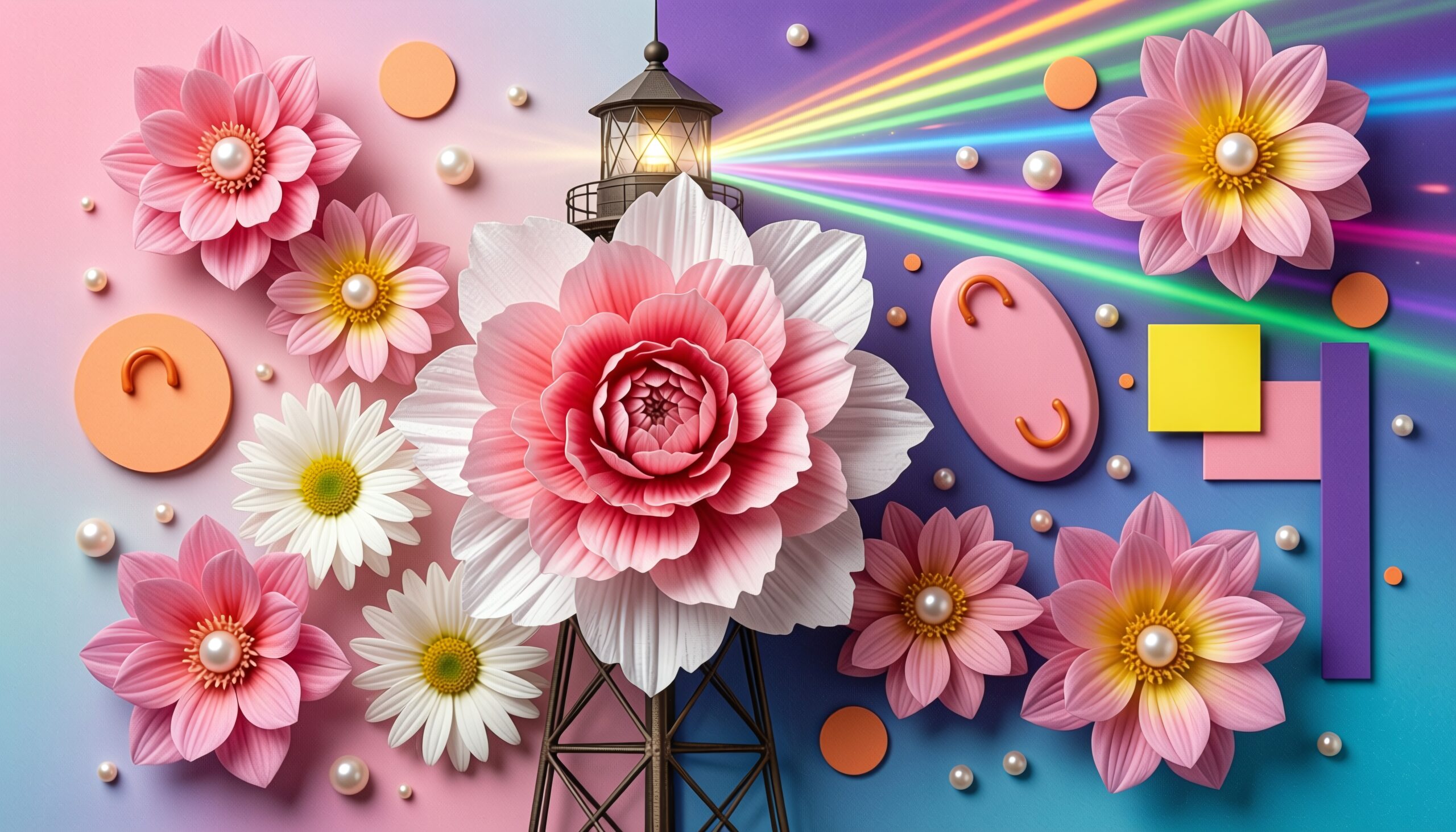 A colorful illustration of a lighthouse surrounded by large pink and white flowers with geometric shapes and rainbow beams.