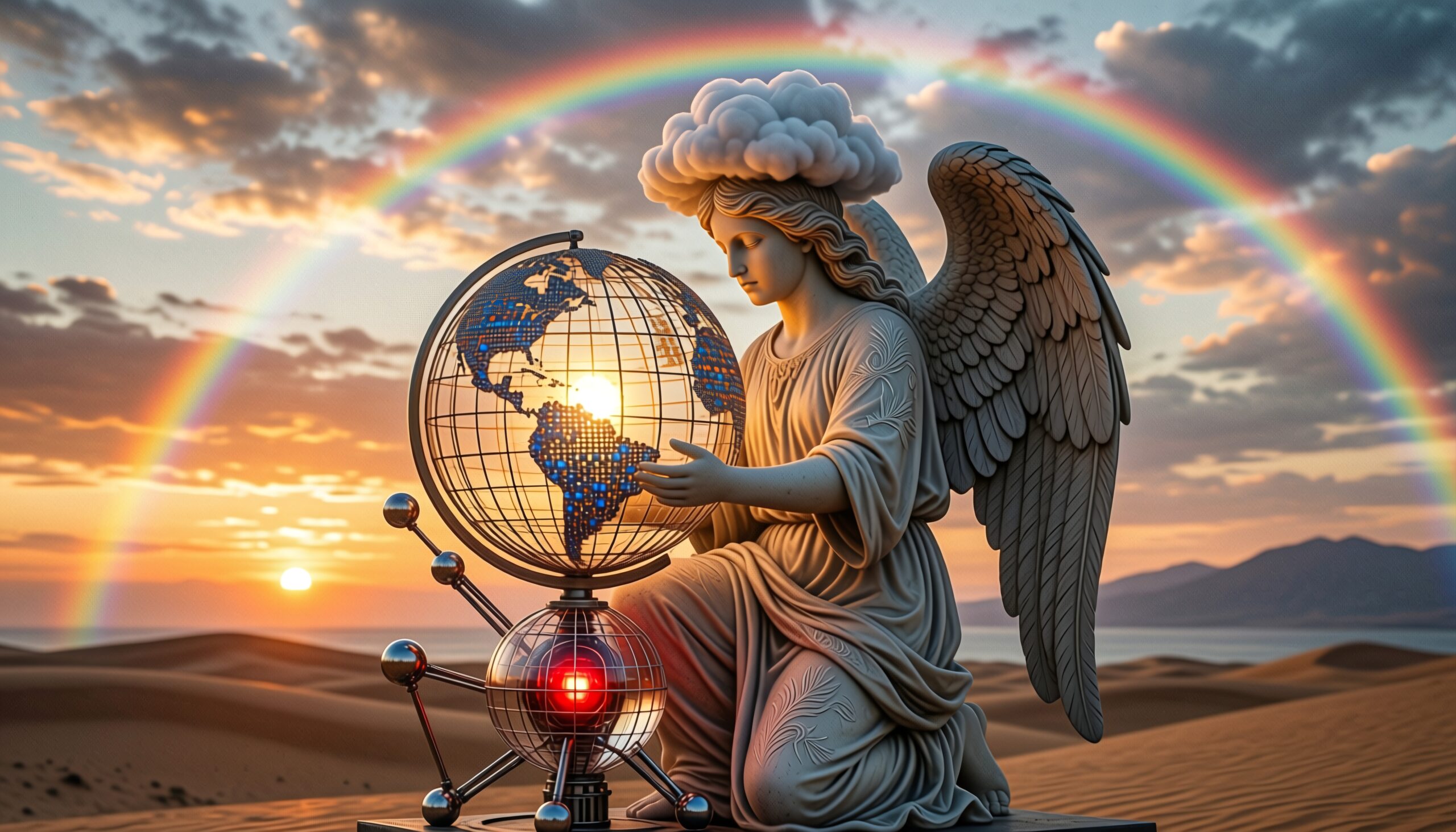 An angel with wings kneels by a glowing globe in a desert, framed by a double rainbow at sunset.