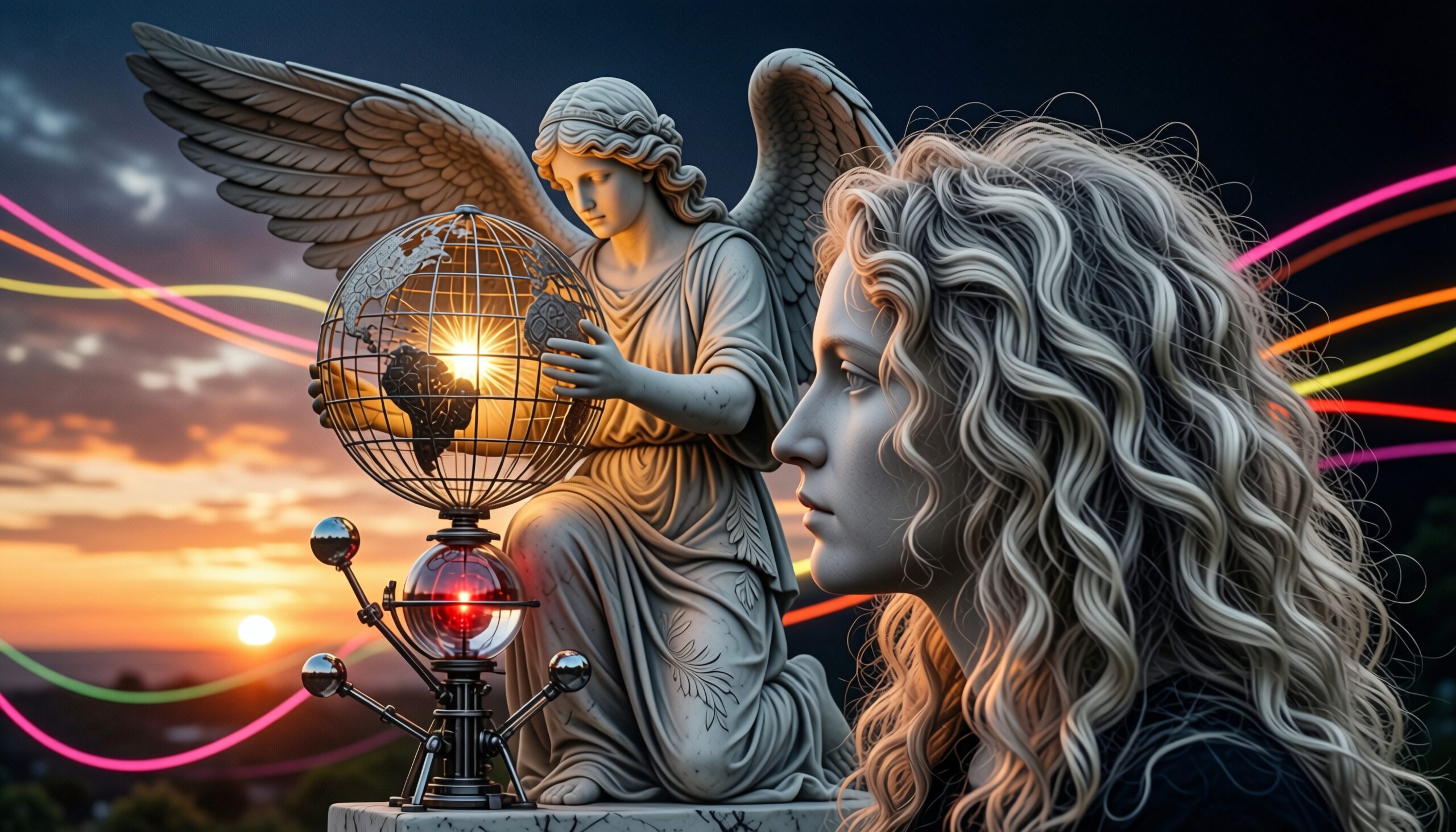 A stone angel statue and a woman with curly hair contemplate a glowing globe against a colorful sunset.